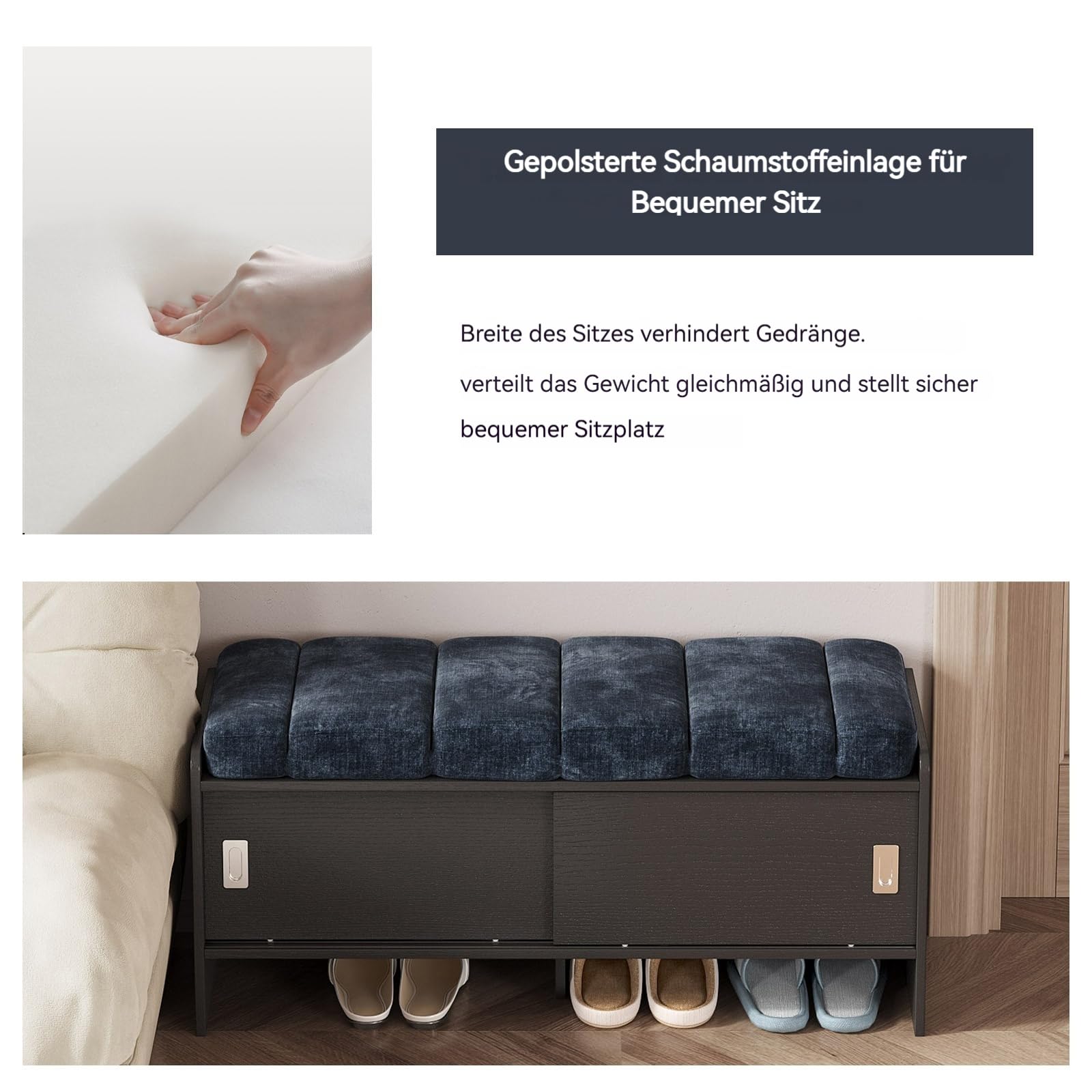 Miuuod 110cm Shoe Storage Bench, Double Deck Shoe Bench with 2 Slide Doors, Shoe Changing Stool with Cushion Padded Seat for Entryway, Living Room, Bedroom and Hallway