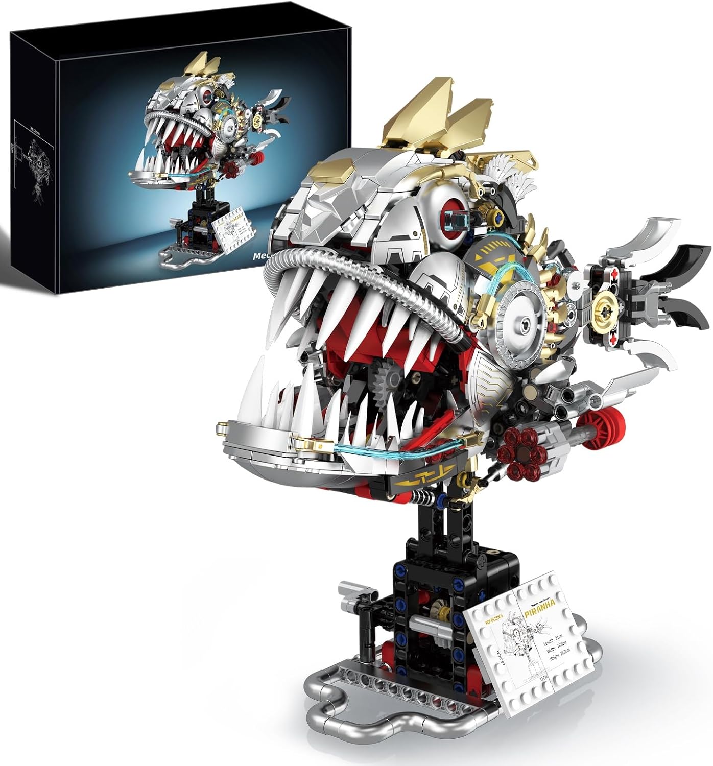 Mechanical Fish Building Set with Hand-Crank,Multi-Joint linkage Piranha with Moving Fins & Jaw,STEM Ocean Animal Fish Building Toy for Adults Teens 14+,Home Office Decor Gift for Marine Lovers