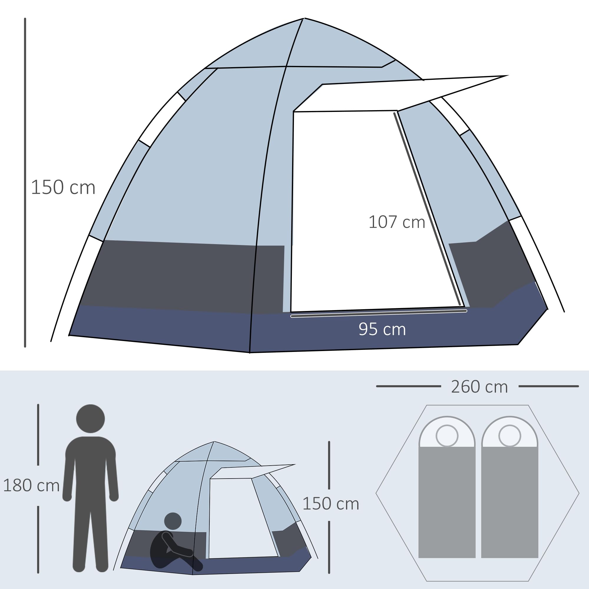 Outsunny Tienda de Campaña para 3-4 Personas Tienda de Camping Plegable con 2 Puertas Impermeable 3000+ Anti-UV Poste Automático Gancho y Bolsas para Senderismo Playa 260x260x150 cm Gris y Negro