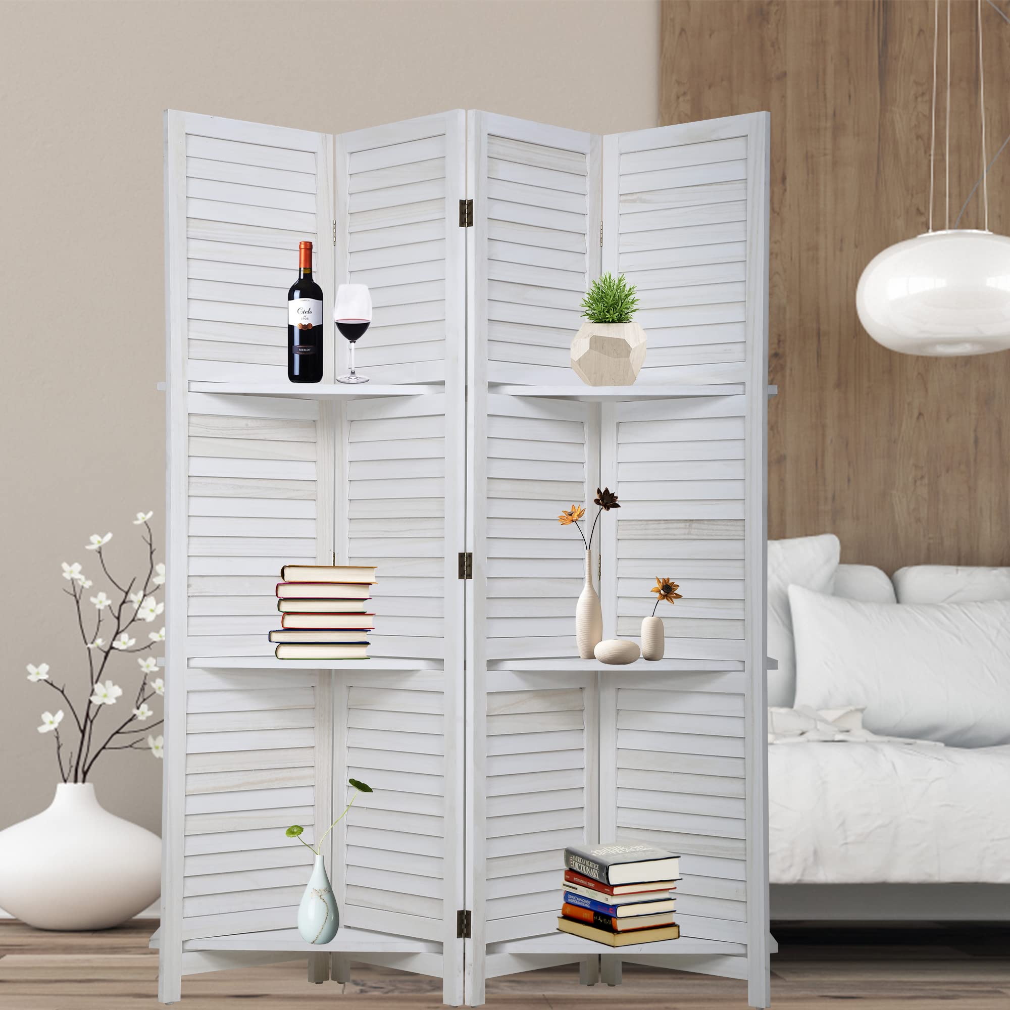 MKDLUFEI 4 Panel Wooden Room Diveider Foldabel Privacy Screen with Shelves for Home Office 68.5 Inches Tall White Divider for Room Separation Wall