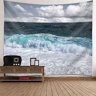 Boho Tapestry Curtains, Cool Tapestry for Men Sea Wave Grey Green White Wall Hanging Tapestry 79x79inch - Buy now