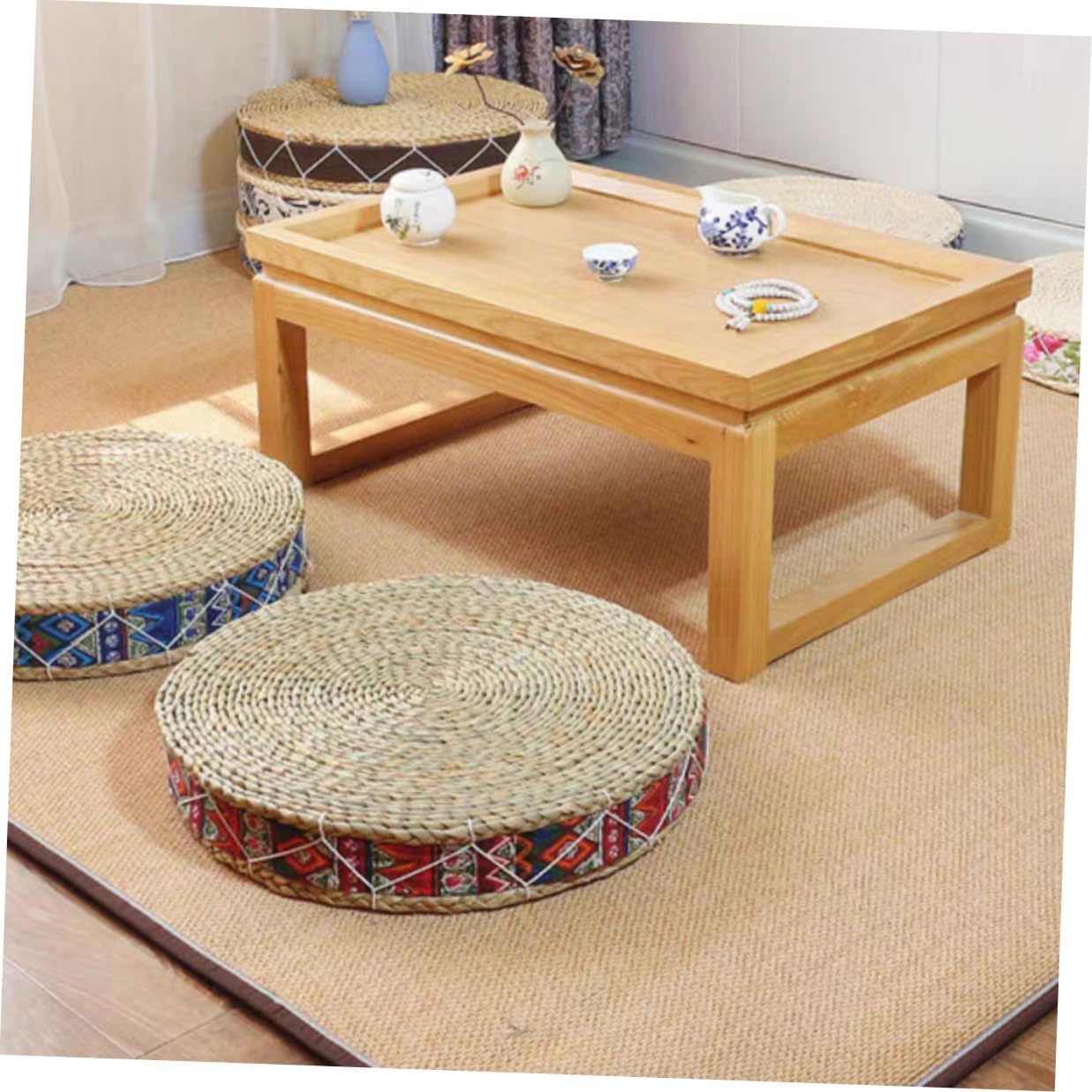 BESTYASH Bohemian Red Handwoven Woven Straw Floor Cushion Round Meditation Pad 30cm Diameter X 7cm Height Japanese-Style Tatami Sitting Pillow for Yoga and Home Seating
