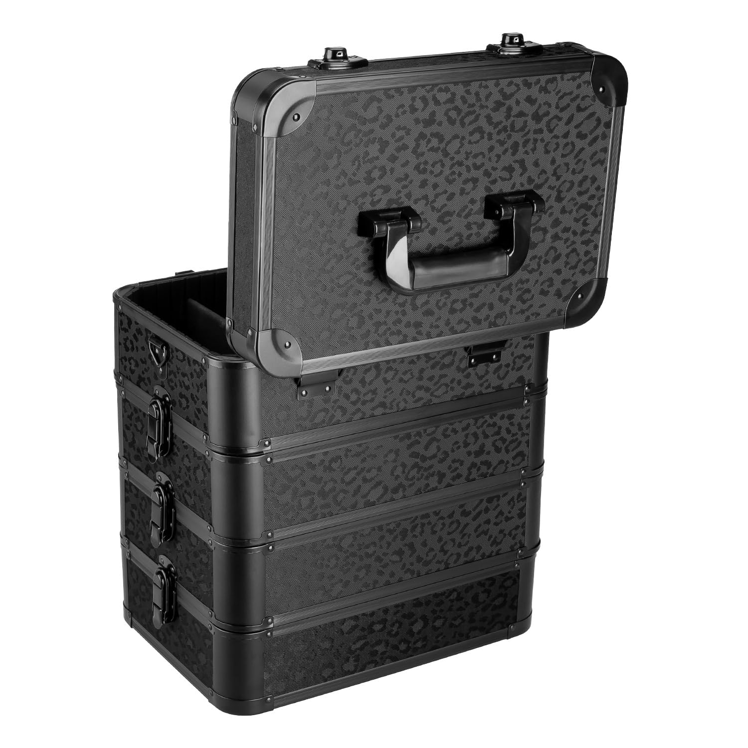 anndora Universalkoffer Etagenkoffer 23 Liter Werkzeugkiste 4 Ebenen – Leo Panther Design – komplett schwarz