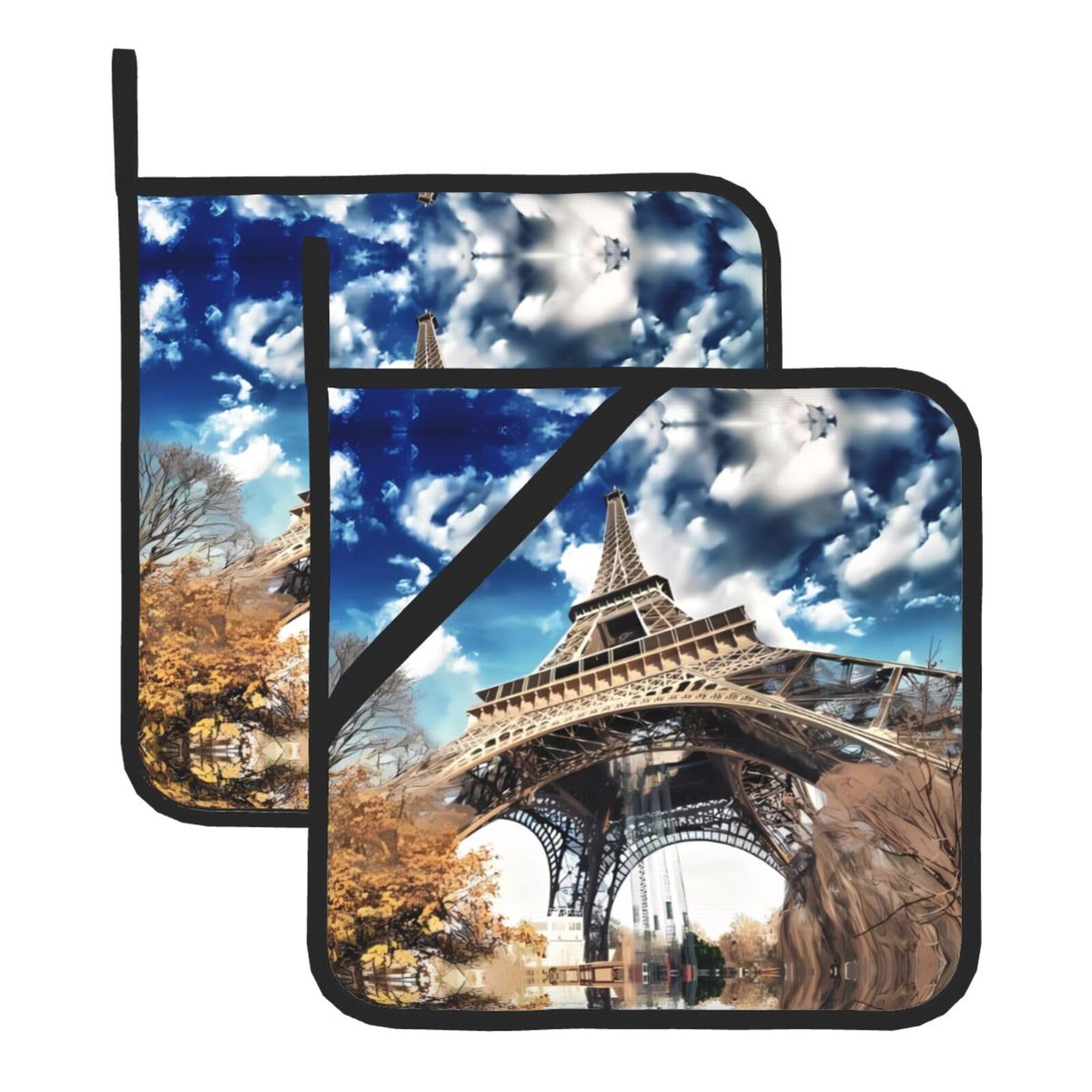 WHJSHOP Paris Tower Prints Square Pot Holders - Waterproof Heat Resistant Kitchen Throw Pads for Hot Bowls & Dishes, Durable Oven Mitt Layers with Hanging Loop - Set of 2