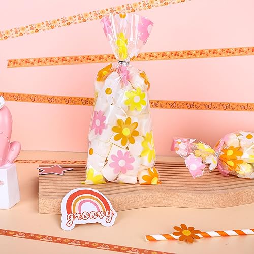 Miniatura 4 de Whaline 100 bolsas de celofán con margaritas de celofán con lazos plateados, retro, hippie, bohemio, para fiestas, flores coloridas, bolsas