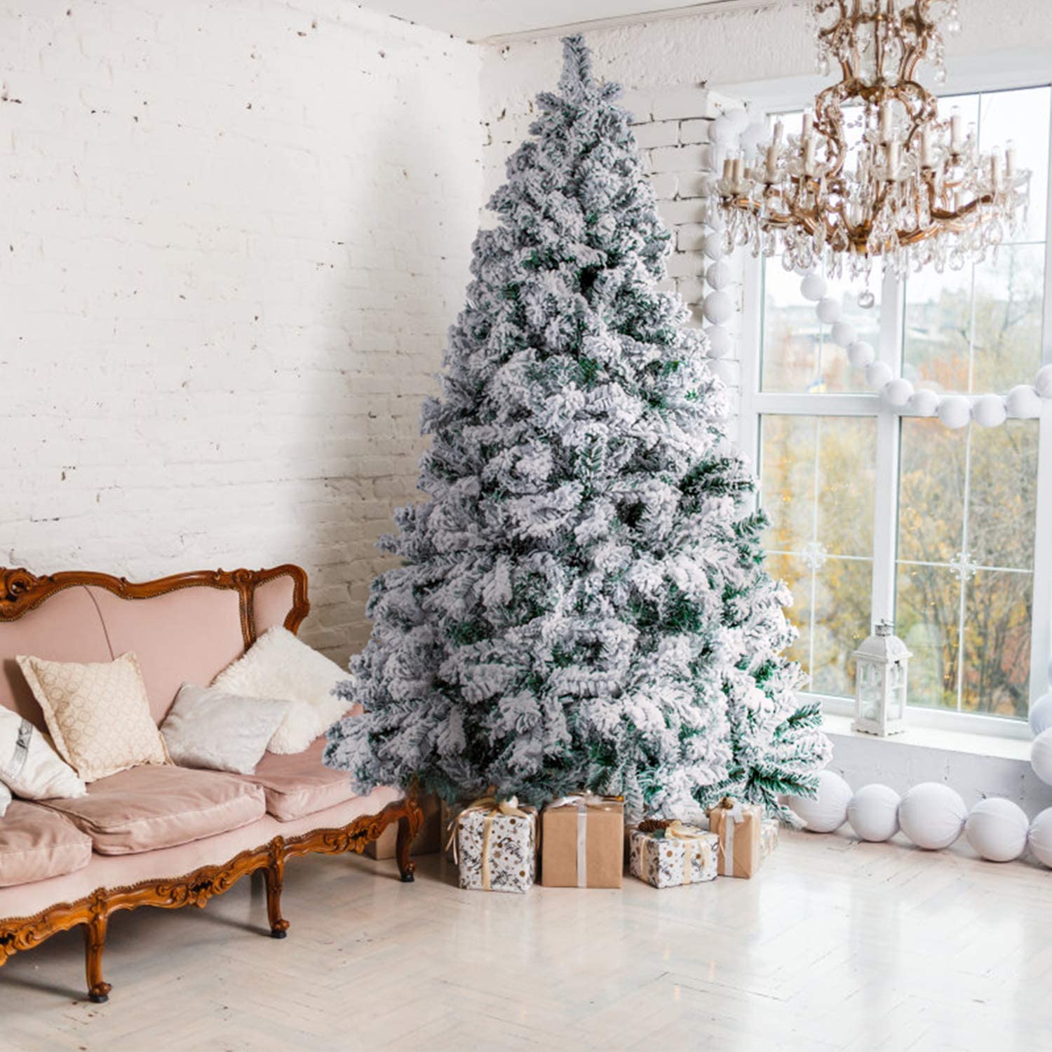 Sapin de Noël floqué Blanc et Vert de 1,8 m avec 700 Pointes et Pieds en métal Massif pour intérieur et extérieur 1,8 m