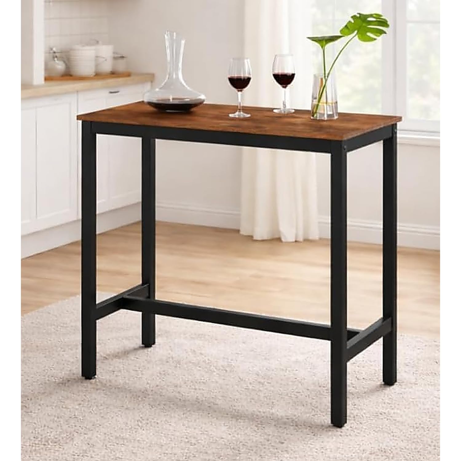 ACAZA Table Haute Cuisine 120l x 60P x 105H cm - Cadre en Metal - Bois - 105cm Haute - Bar Mange Debout Rectangulaire - Brun