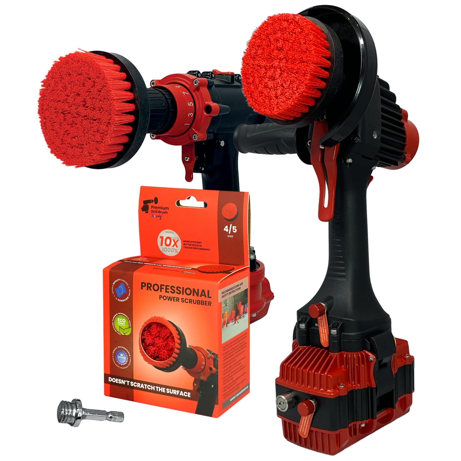 Kornely Premium Drill Brush Professional– 2in1 for Drill & Angle Grinder Stiff 10cm Red | Scratch-Free Outdoor Cleaning Brush for Patio Bricks, Lawn Mowers, Car Wheels, Pool Tiles and Boat Hulls