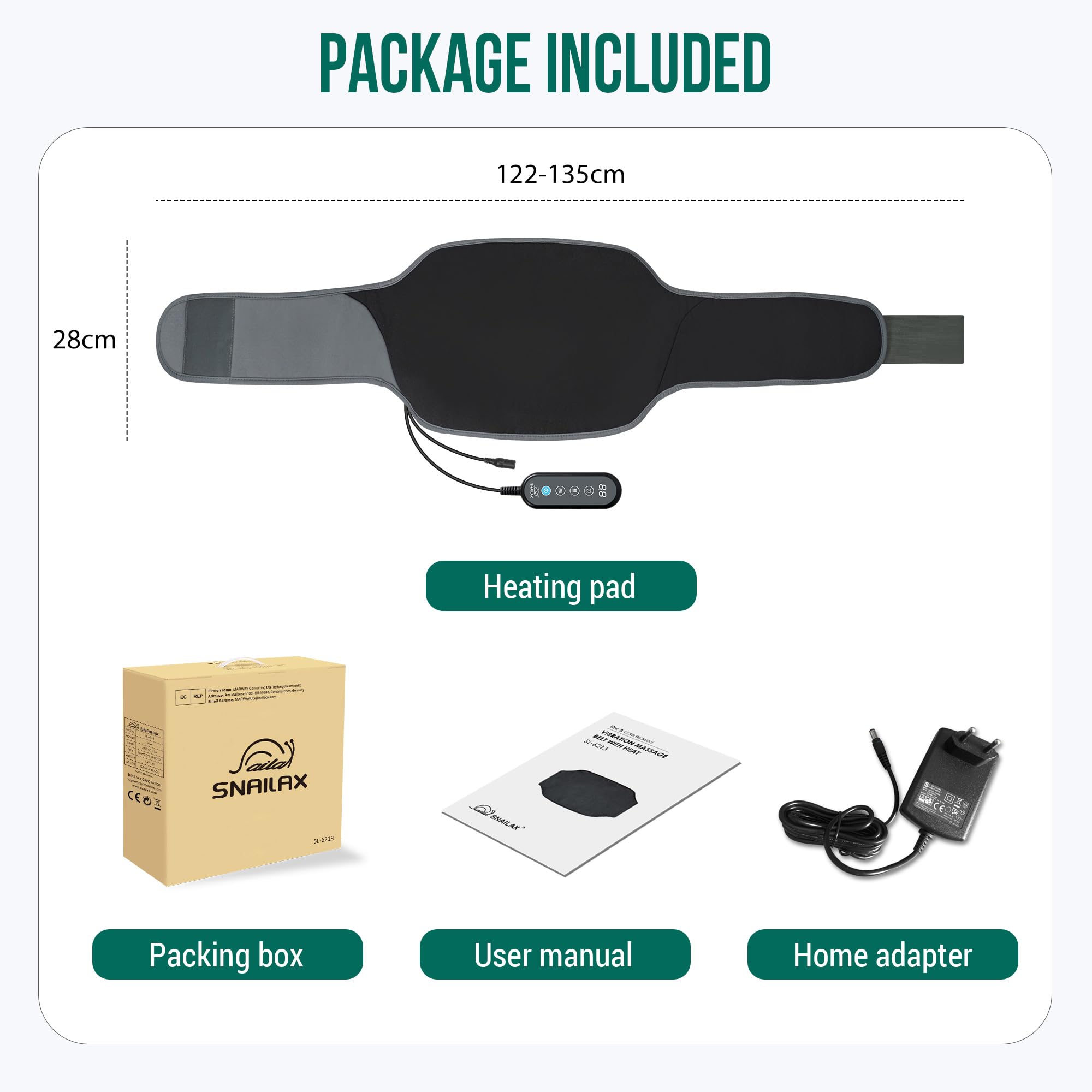 Snailax Cinturón calefactor para espalda cuello abdomen, cinturón calefactor eléctrico con masaje por vibración, cinturón calefactor portátil con desconexión automática, regalos para mujeres, hombres