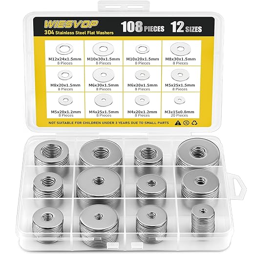 108Pcs 304 Stainless Steel Flat Washers, Fender Washers Assortment Kit 12 Sizes (M3-M12) Metal Washers for Screws Bolts Large and Small Hardware for Various Home Industrial Automotive