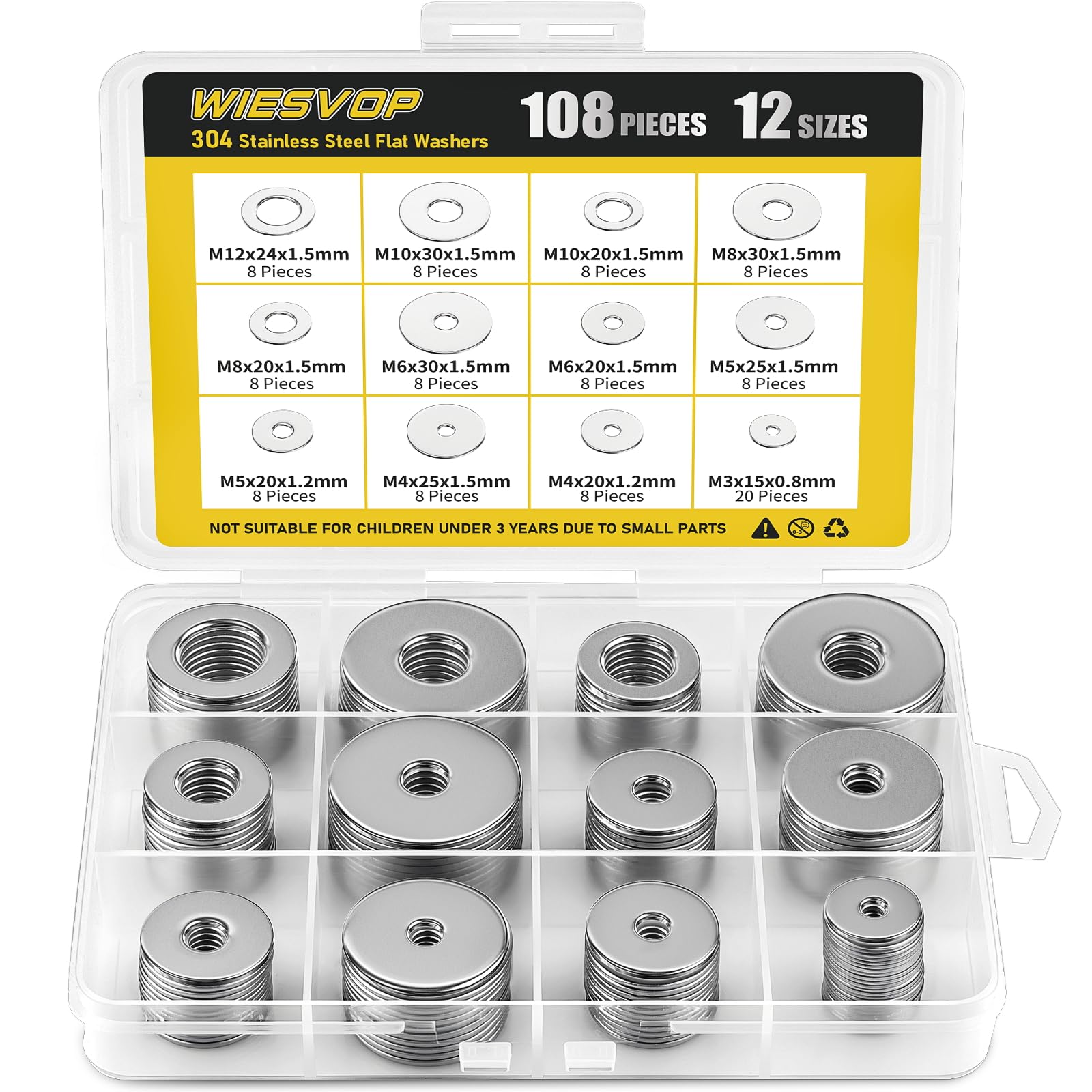 Stainless Steel Washers - 108 Pcs Assortment Kit -1 Stainless Steel Washers - 108 Pcs Assortment Kit -1