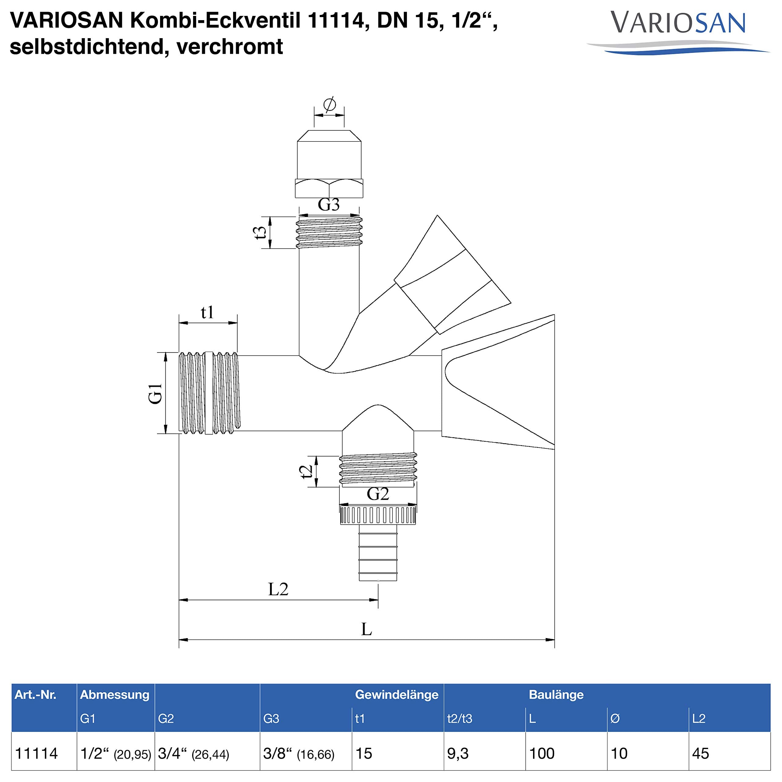 VARIOSAN 1114 zawór kątowy kombo, DN 15, 1/2'', samouszczelniający, chromowany