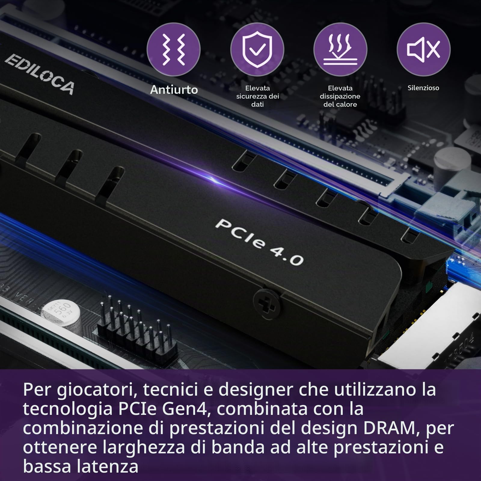 Ediloca EN855 SSD da gioco interno con dissipatore di calore 1 TB PCIe Gen4, NVMe M.2 2280, fino a 7400 MB/s, unità a stato solido, configura cache DRAM, compatibile con PS5 e PC