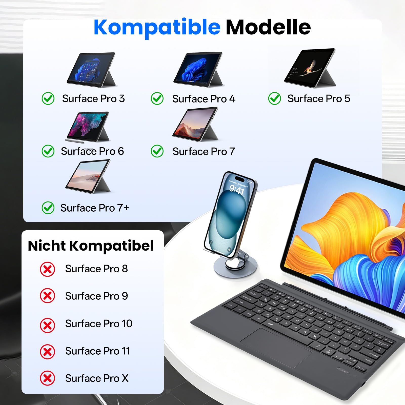 Bluetooth Tastatur für Surface Pro 7+/7/6/5/4/3, Kabellose Beleuchtete Tastatur, Ultraslim Tastatur mit Touchpad, Wiederaufladbare, Deutsche QWERTZ Layout