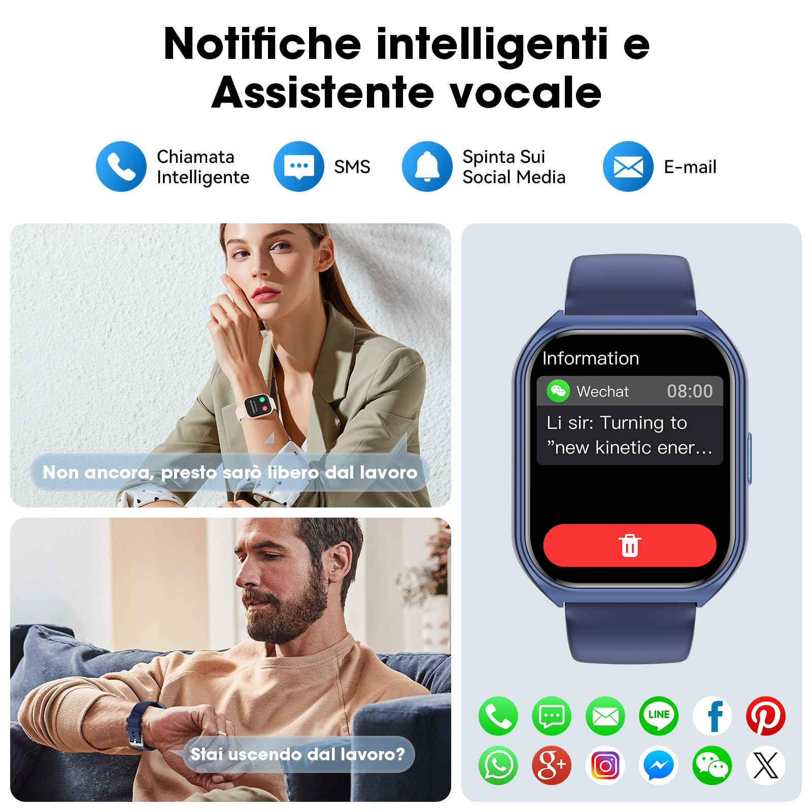 Smartwatch Uomo Donna,1.85" Orologio Smartwatch con Chiamata Bluetooth e Risposta Vivavoce,100+ Sportive Smart Watch con Sonno,Cardiofrequenzimetro,Contapassi,Fitness Tracker per Android iOS (Blu)