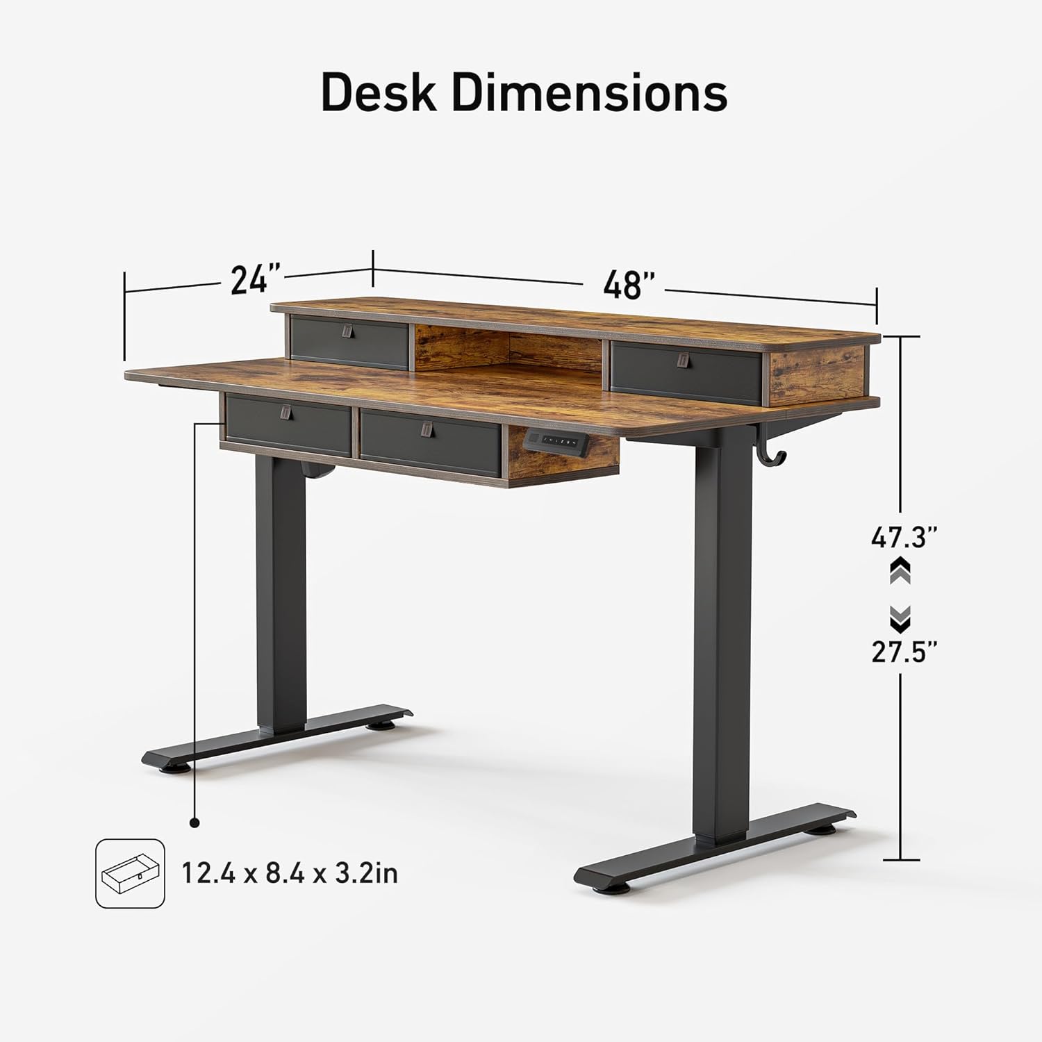 FEZIBO 48'' x 24'' Electric Standing Desk Adjustable Height with 4 Drawers, Home Office Stand Up Table with 4 Height-Adjustable Feets & 2 Hooks,Rustic Brown Top