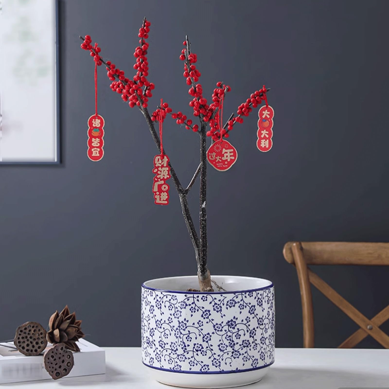 Maceta Chinoiserie Vaso per piante in porcellana blu e bianca, vaso da fiori decorativo in ceramica cinese, con foro di drenaggio e vassoio, per interni e giardino