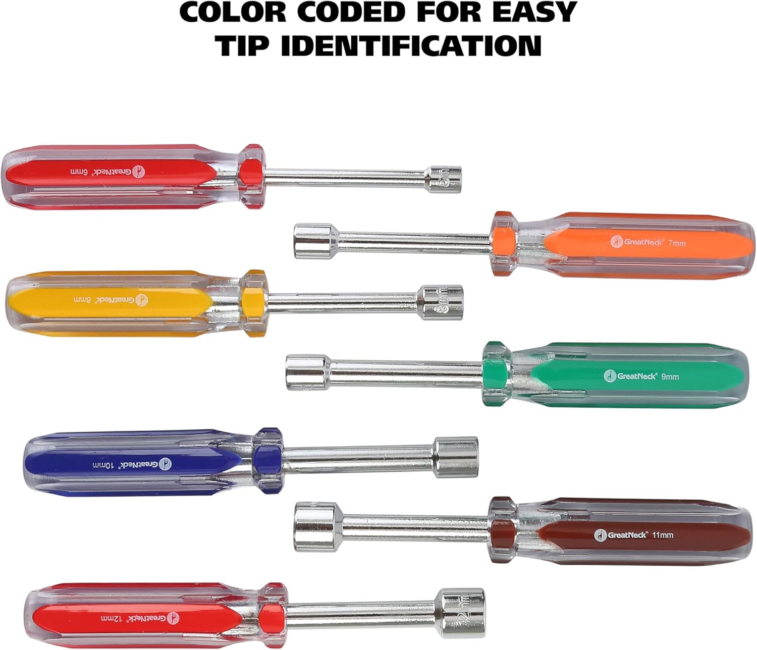 GreatNeck ND71 7-Piece Metric Nut Driver Set, Chrome Vanadium Steel Nut Drivers, Rust-Resistant Finish Nut Drivers Set, Acetate Nut Driver Handle, Color-Coded for Quick Identification