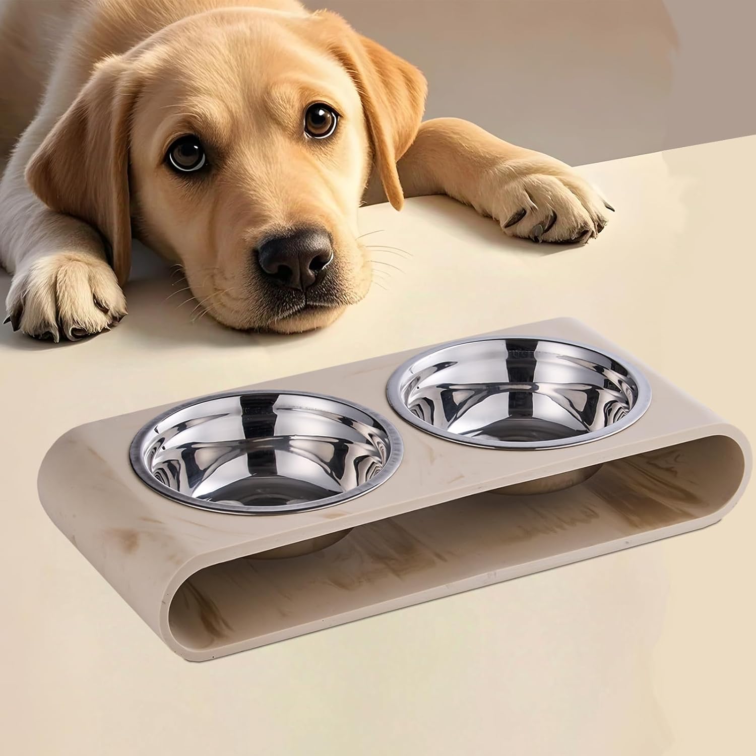Beige Marble Elevated Dog Bowls Set - 2 Thick 6" Stainless Steel Puppy Food Bowl with Non-Slip Raised Holder Stand, Double Feeding Bowls for Food and Water, Suitable for Cats and Small Medium Pet - Image 6