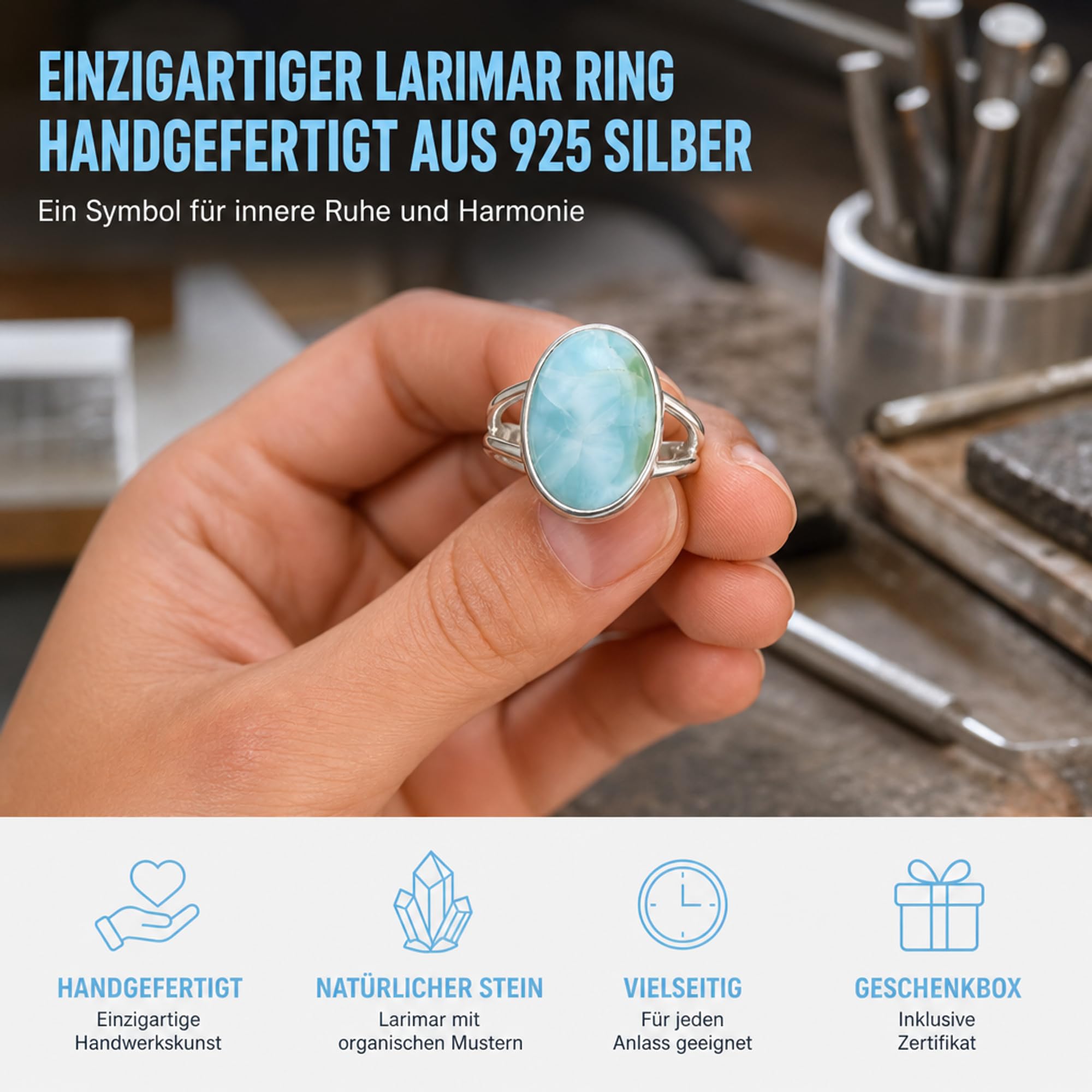 I-be, Larimar pierścionek z kamieniem szlachetnym owalny, srebro 925, w etui na prezent, 103012/13x18