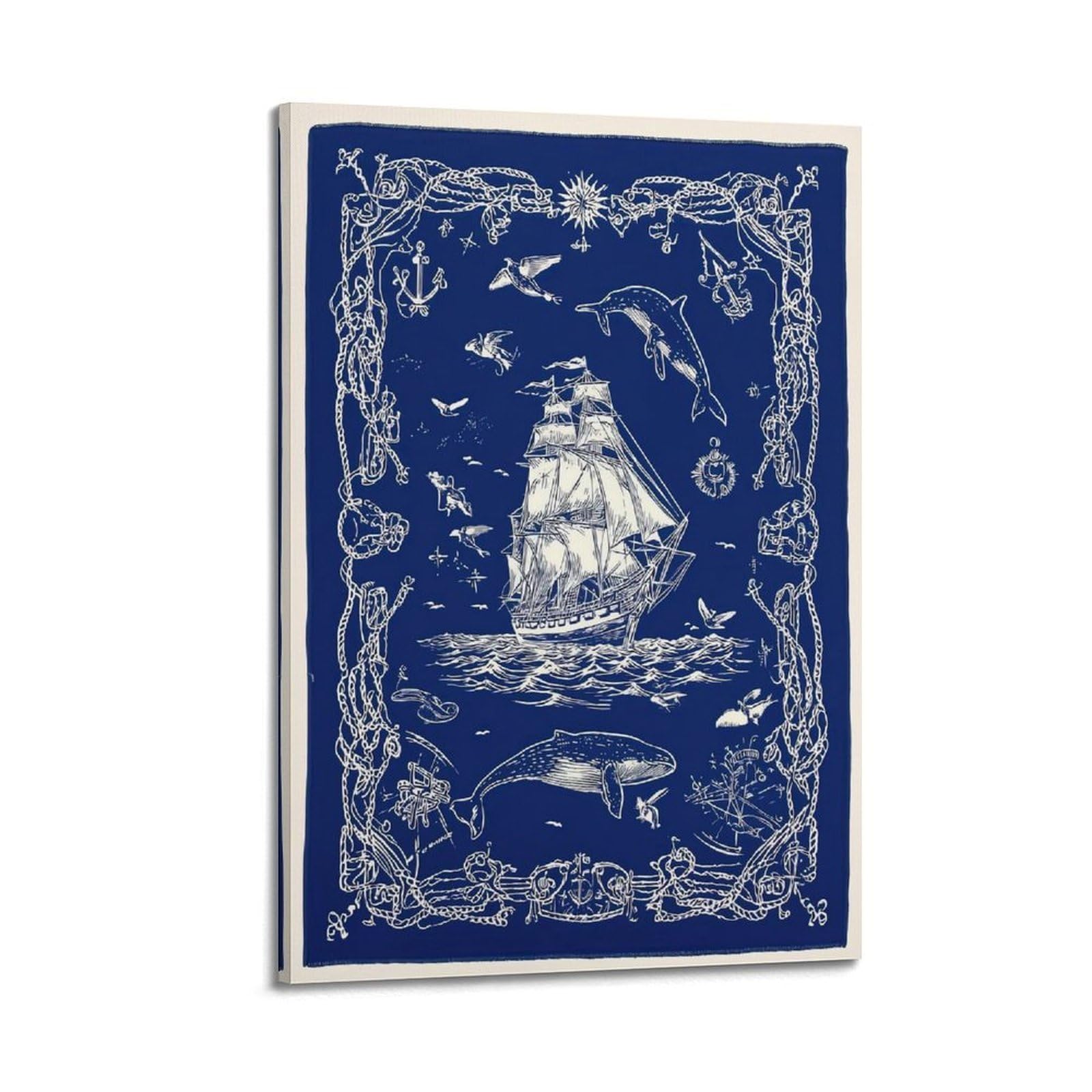 OKAHYS Vintage Blue Sailboat And Marine Life Artwork Poster Decorative Painting Canvas Wall Artworks Picture 24x36inch(60x90cm)