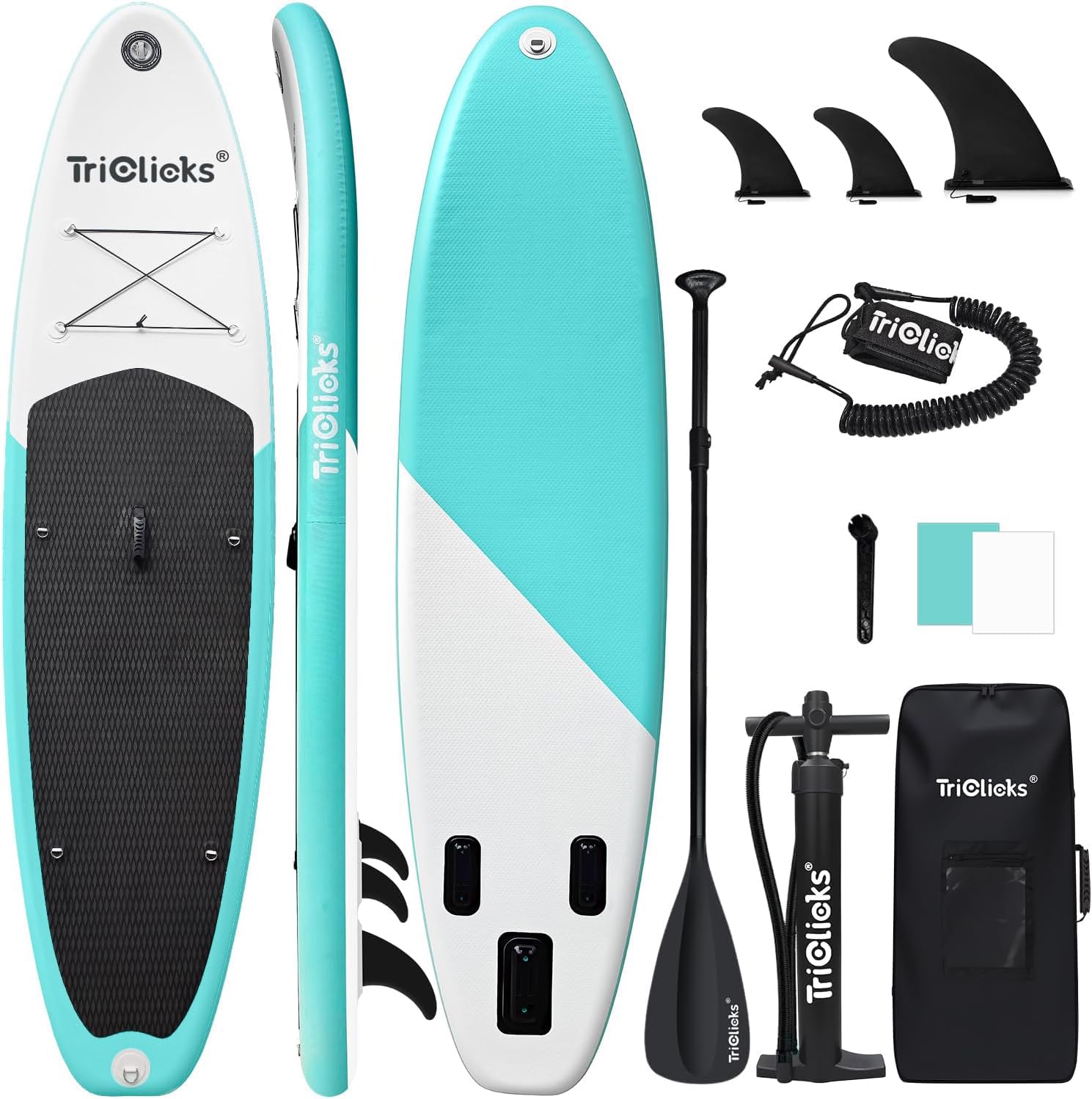 Triclicks SUP Tavola da surf gonfiabile con paletta regolabile, pompa a mano con manometro, leash, finner, zaino, 300 x 76 x 15 cm