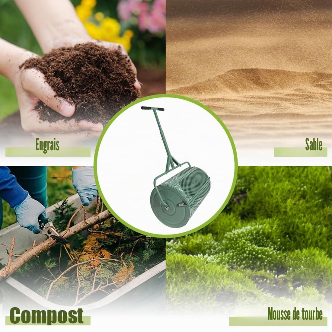 Épandeur de compost 75 l polyvalent - Filet en métal - Épandeur d'engrais - Rouleau - Semences - Pelouse - Mousse de tourbe - Vert