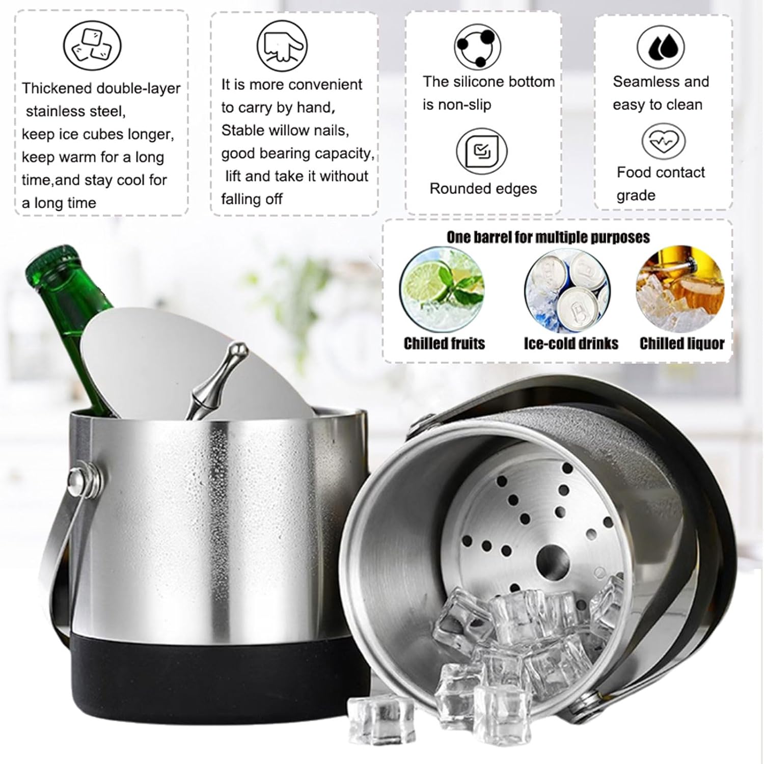 Double-Wall Stainless Steel Insulated Ice Bucket with Lid & Ice Tong Included Strainer Keeps Ice Cold & Dry, Home Bar, Chilling Beer, Champagne, Wine Bottle (1.4L Steel Handle Handbag)