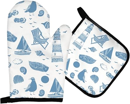 Mingnei Nautical Lighthouses Sailboat Oven Mitts and Pot Holders Sets, Beach House Heat Resistant Potholder Kitchen Decor for Cooking Baking Grilling, Beach Boat Oven Glove Set, Coastal Beach Gifts
