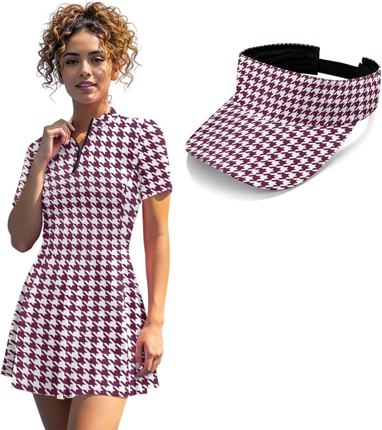 Women's Golf Dress with Built-in Shorts and Sun Visor Set, Half Zip Short Sleeve Tennis Dress Athletic with Pockets