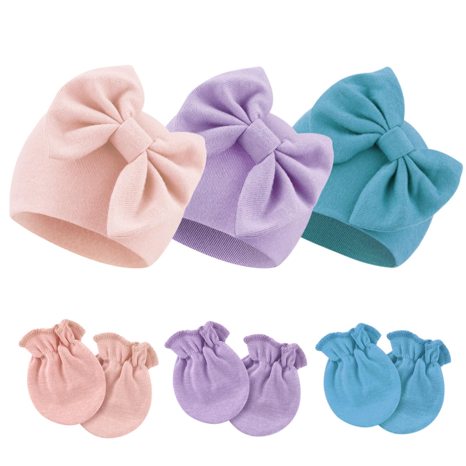 Dreshow Women's 3 Sets: Bow Hats & Mittens Set-27Uk Newborn Baby Hats Mittens Set Hospital Hat Beanie Infant Bow Hats Baby Cotton Gloves No Scratch Mittens For 0-6 Months