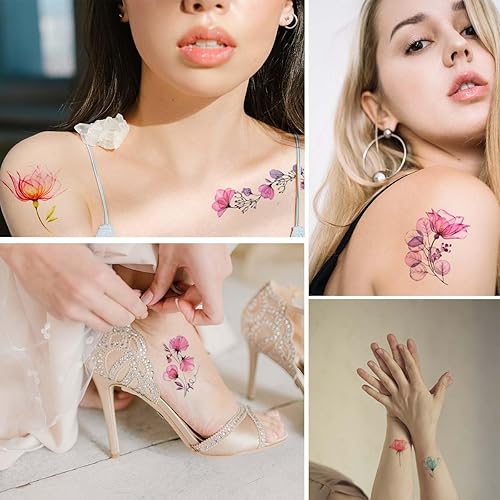 Miniatura 2 de 20 hojas de calcomanías de tatuajes temporales de flores, impermeables, para arte corporal, acuarela, floral, tatuaje temporal para mujeres y niñas,