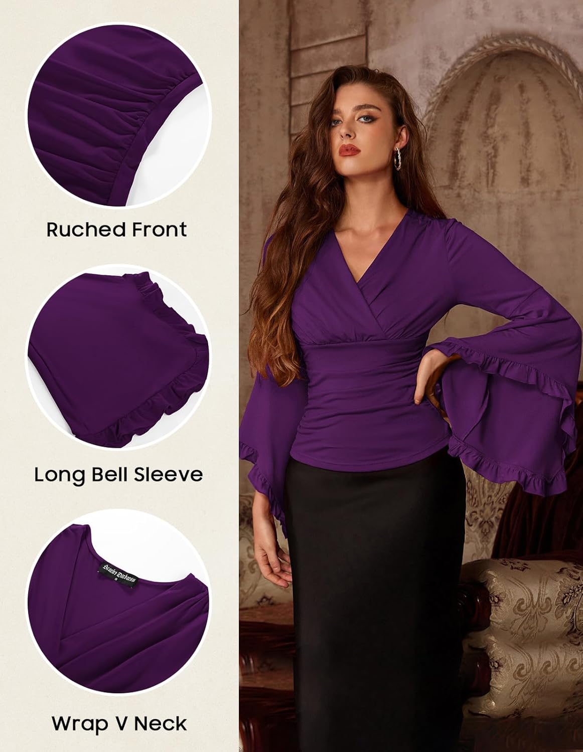 Scarlet Darkness Renaissance Shirt Women V Neck Long Bell Sleeve Wrap Casual Ruched Top - Image 3