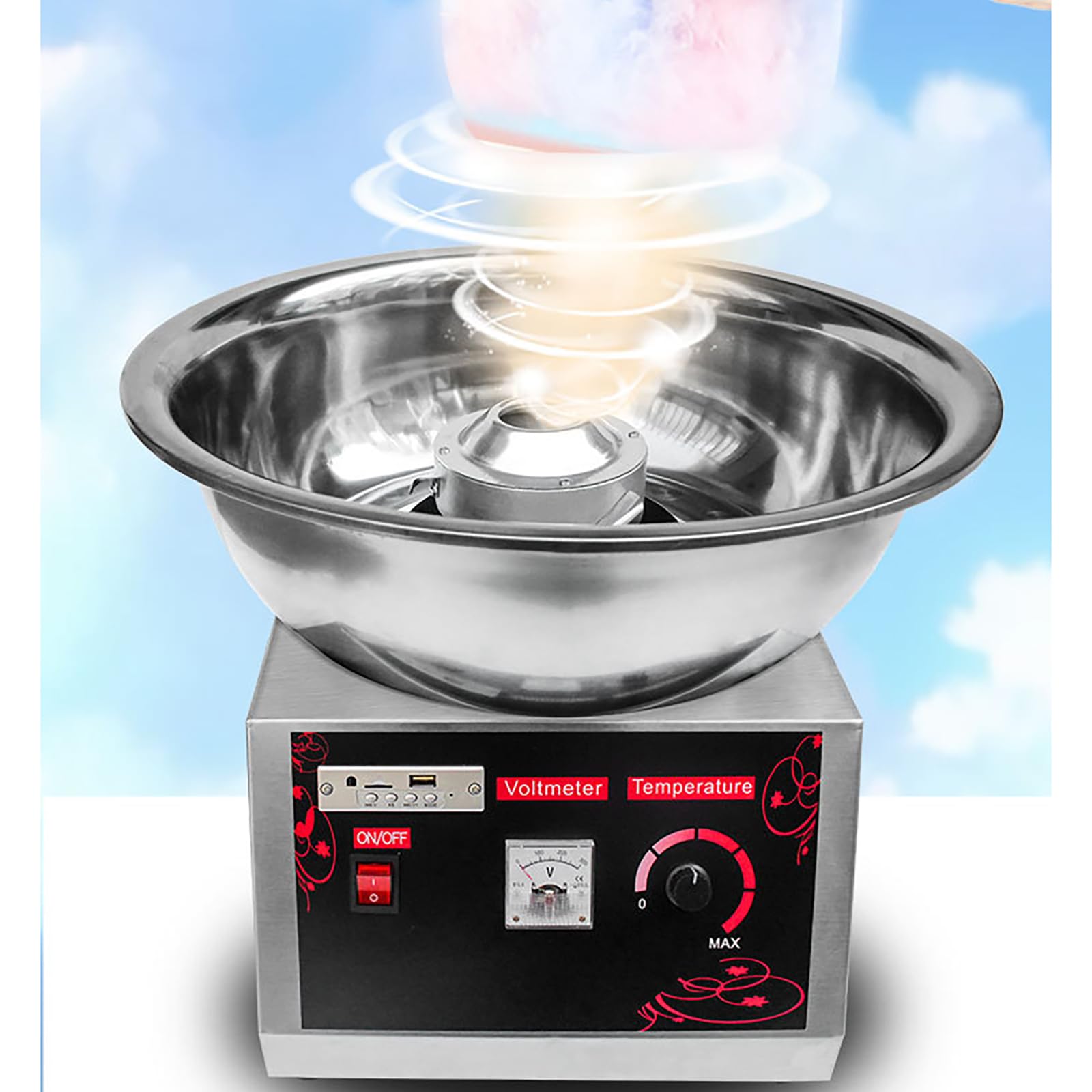 Machine à coton professionnelle 1000 W pour barbe à papa électrique commerciale en acier inoxydable grand espace de rangement avec USB pour salle à manger, fête d'anniversaire, festival