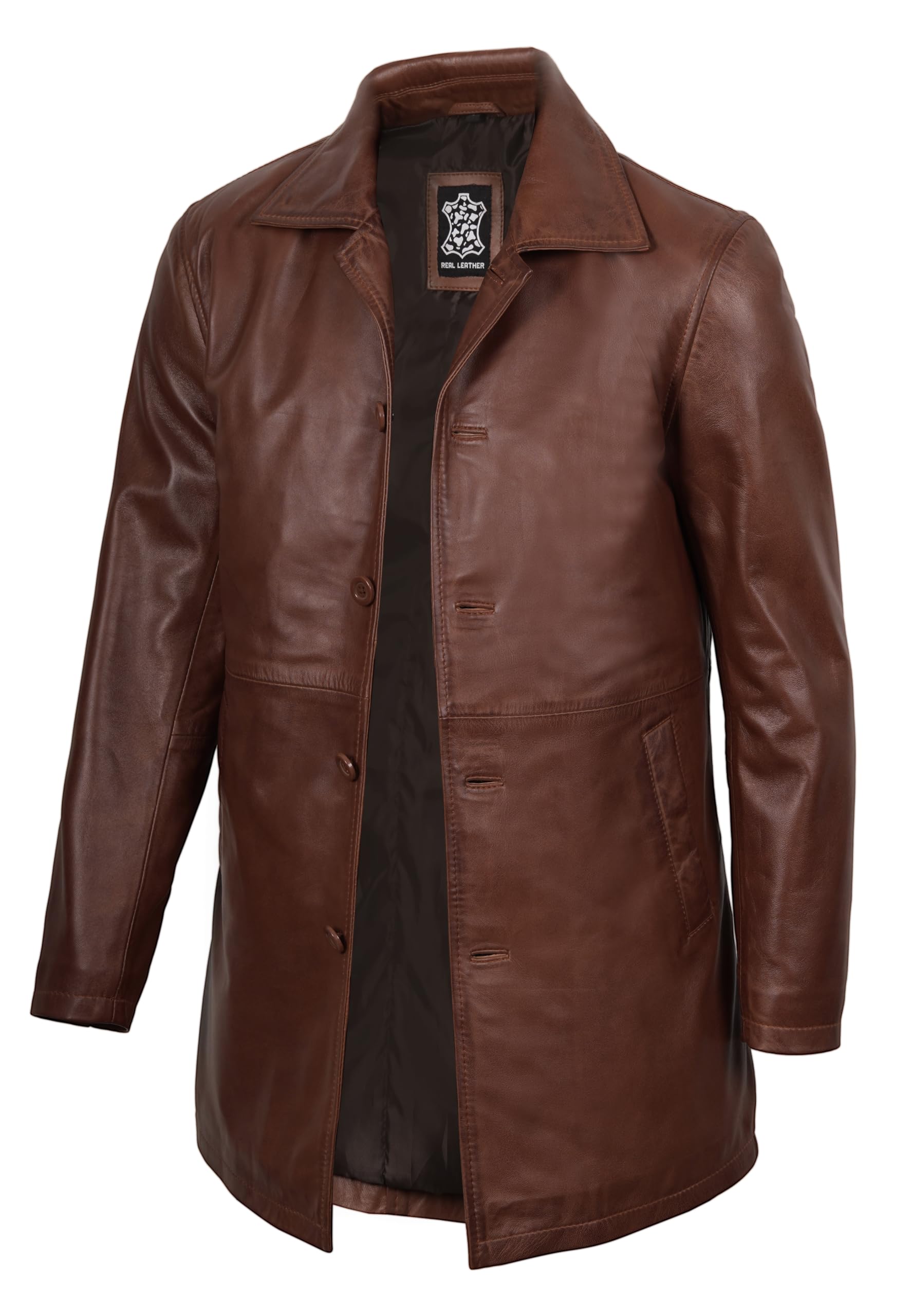Leather Coat Men Real Lambskin - 3/4 Length Long Leather Jacket Men, Car Coat Style Genuine Mens Leather Coat