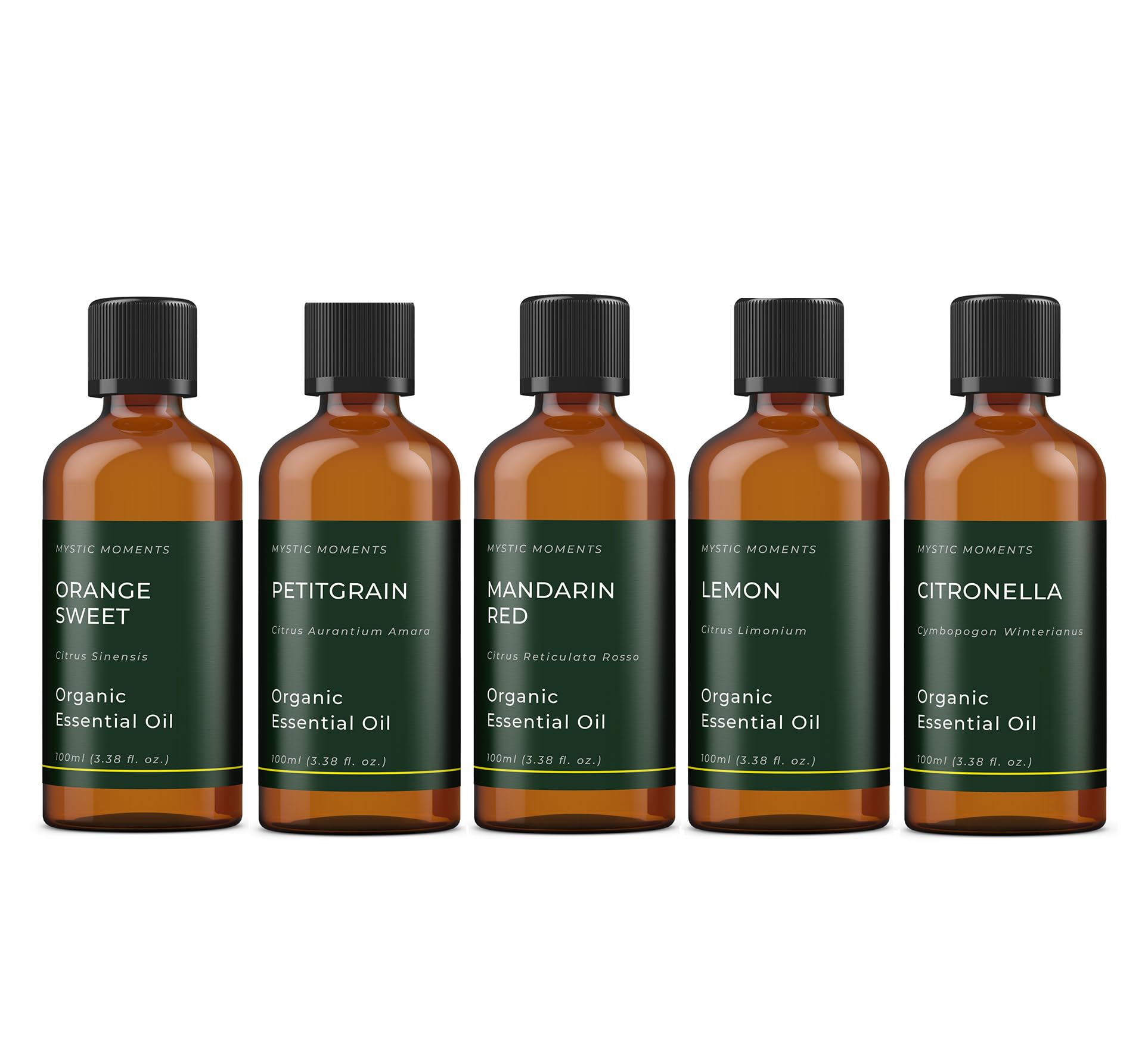 Mystic Moments | Bio Zitrus Ätherische-Öle Geschenk-Starterset 5x100ml | 5 Bio Aromatherapieöle – Zitrone Zitrus limon, Limette Zitrus aurantifolia, Süßorange, Rosa Grapefruit & Bergamotte