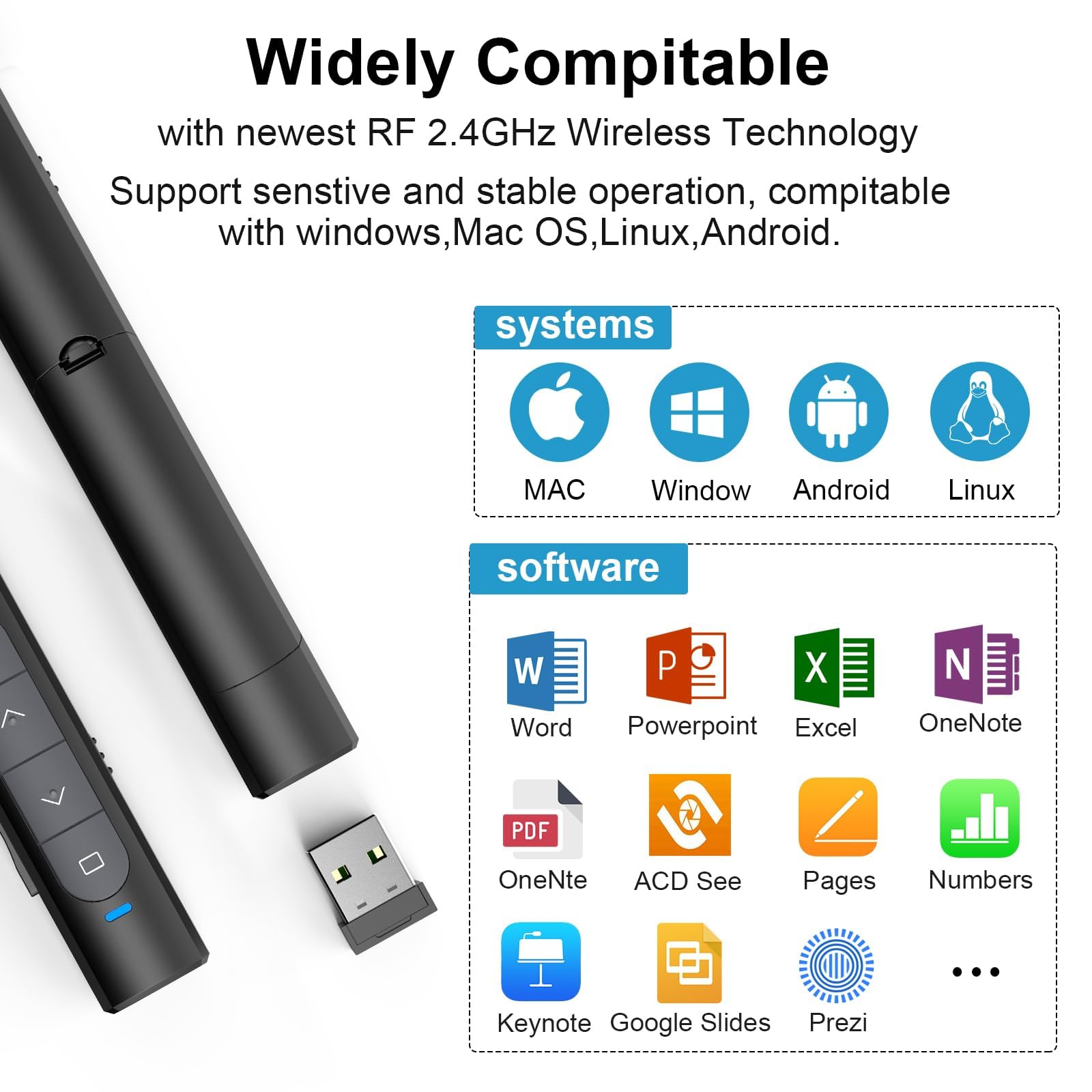 elzle Télécommande de présentation sans Fil 2,4 GHz avec récepteur USB, hyperlien & contrôle du Volume pour Mac, PC