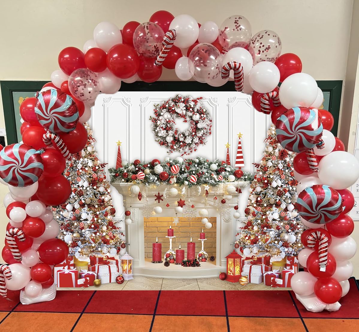 Toile de fond pour cheminée de Noël rouge et blanc - Guirlande de sapin de Noël pour photographie - Décoration de Noël d'hiver pour la famille - Bannière de fête pour enfants (2,4 x 1,8 m)