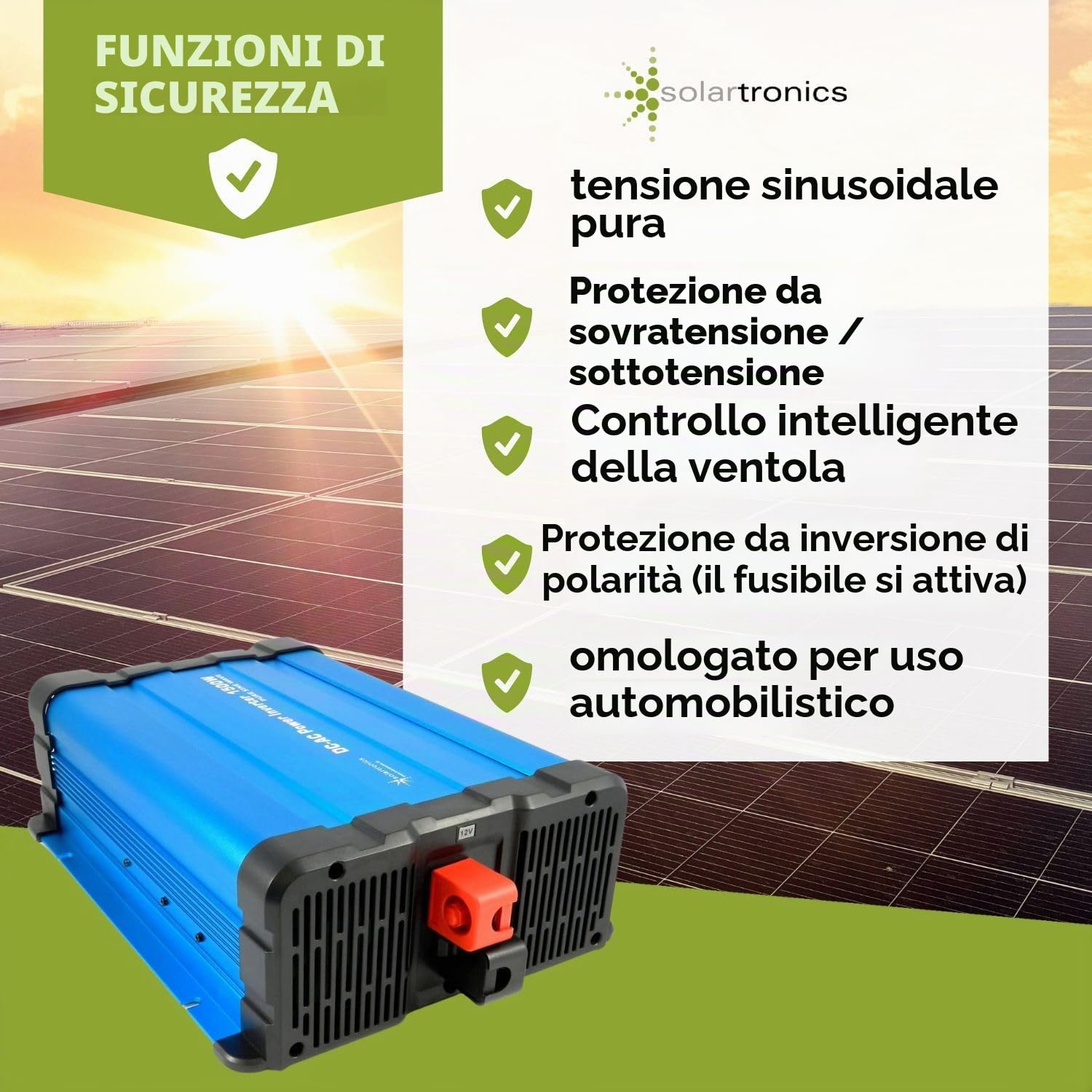 solartronics Convertitore di tensione FS1500D 12 V 1500/3000 Watt Pure Sinus Blue m. Display FS Serie LiFePO4 / Litio, Piombo, Gel o AGM batteria compatibile Inverter