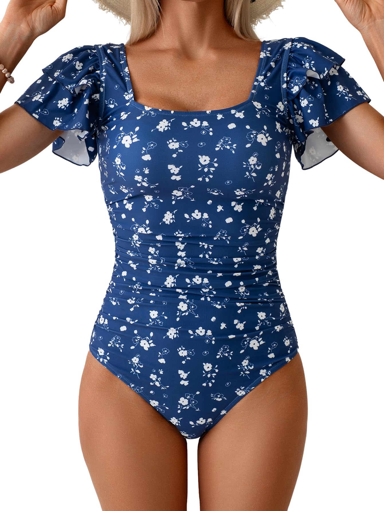 Eomenie Women's Ruffle Sleeve One Piece Swimsuit Tummy Control Bathing Suit | Square Neck, Ruched, Slimming, Modest, Cutout Back, Non-removable Padding