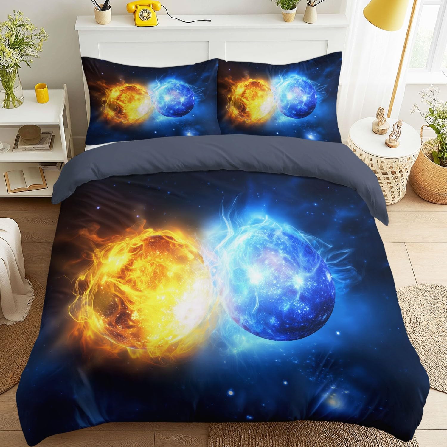 Generisch Sci-Fi 3-częściowy komplet pościeli z motywem kosmosu, 155 x 220 cm, miękka poszewka na poduszkę z mikrofibry, 80 x 80 cm, niebieska