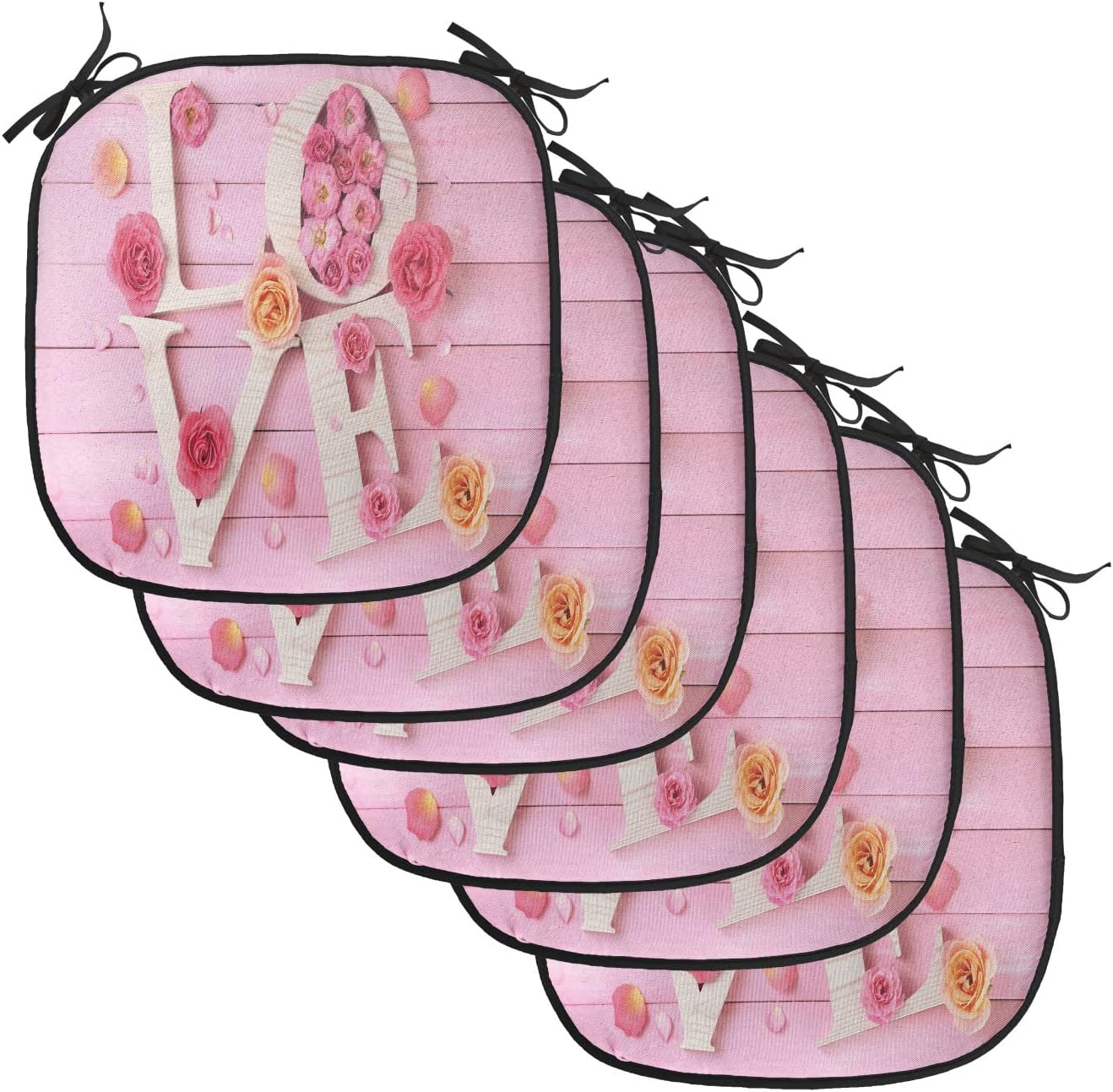 Lunarable Pale Pink Chair Cushion Pads Set of 6, Wooden Love Letters on Rustic Wooden Background Floral Romance Valentines Theme, Anti-Slip Seat Padding for Kitchen & Patio, 16"x16", Cream Peach