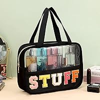 Vista 2 de Bolsa transparente de felpilla con parches de letras, bolsa de maquillaje transparente de PVC y nailon multiusos con asas, bolsa grande