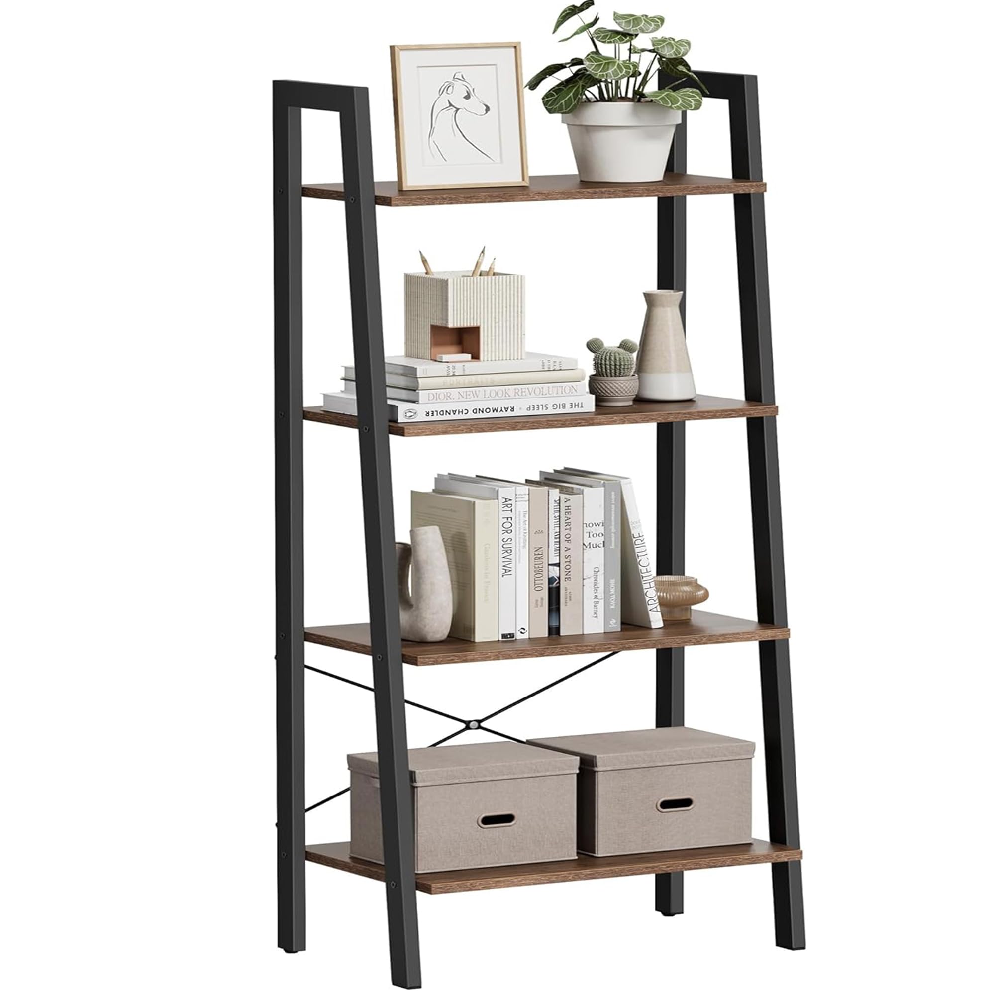 VASAGLE Ladder Shelf, 4-Tier Bookshelf, Storage Rack, Bookcase with Steel Frame, for Living Room, Home Office, Kitchen, Bedroom, Industrial Style, Hazelnut Brown and Black ULLS044B03