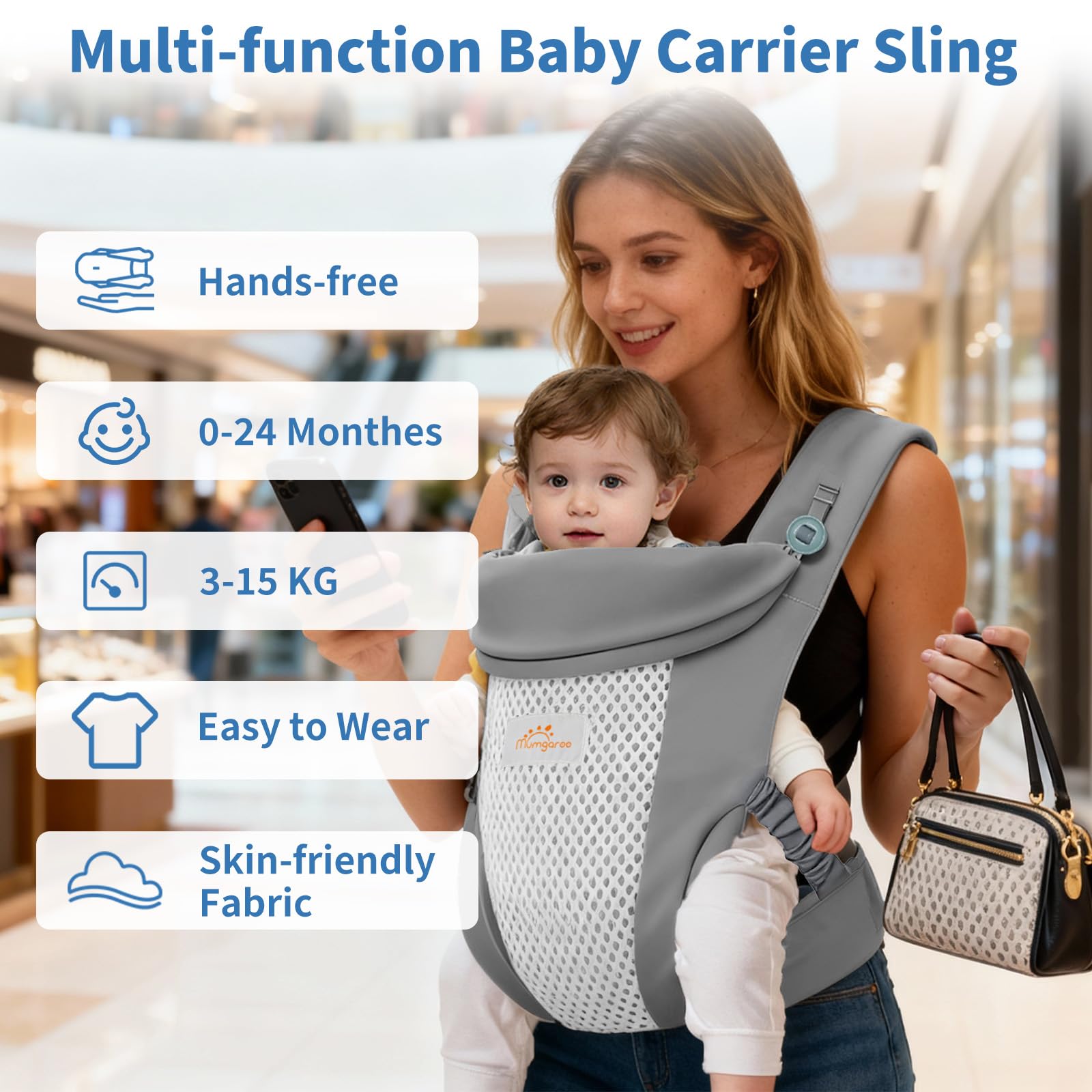 Marsupio Neonato Ergonomico, 4 in 1 Marsupio per Tutte le Posizioni, Supporto per il Collo Pieghevole, Morbido e Traspirante, Spallacci Regolabili, Aperture delle Gambe Ispessite, 3–15 kg
