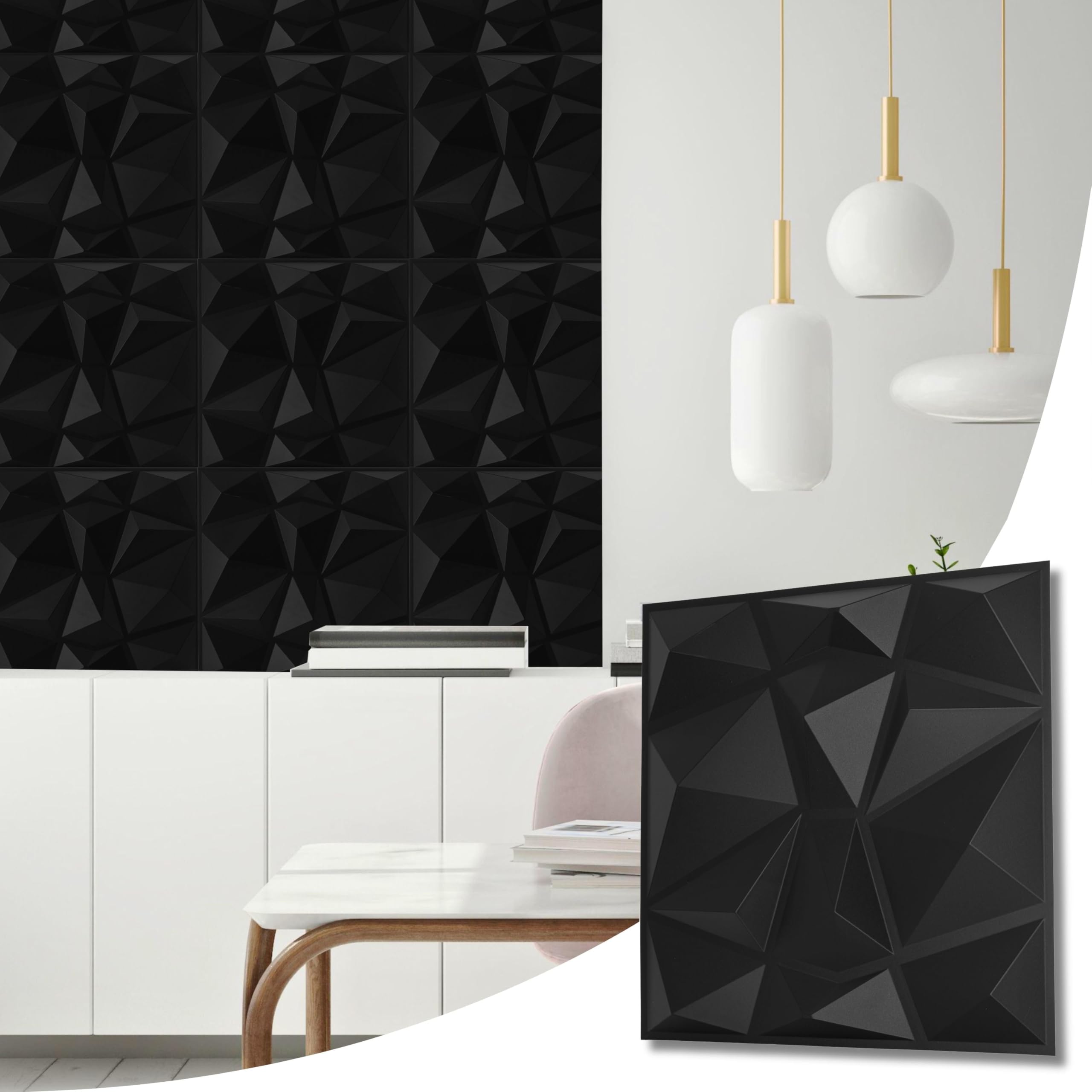 Novecrafto Black Geometric Decorative Pvc 3D - Diamond Design 10 Sheets Set Covering 2.5 Sqm (26.91 Sqft) - Each Tile Size 50X50 Cm (19.6X19.6 In) Wall Panel In With Diamond Geometric Effect Pattern