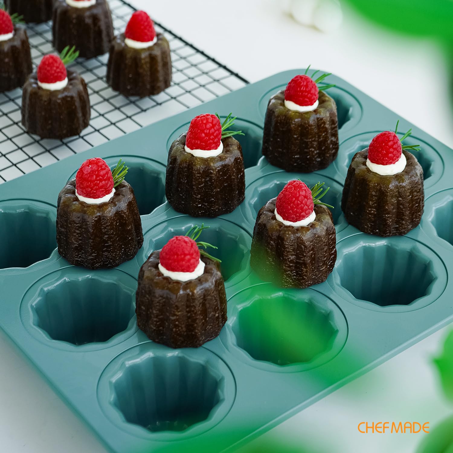 CHEFMADE Canele Moule à gâteau anti-adhésif 16 cavités Canele Muffin Ustensiles de cuisson (vert)