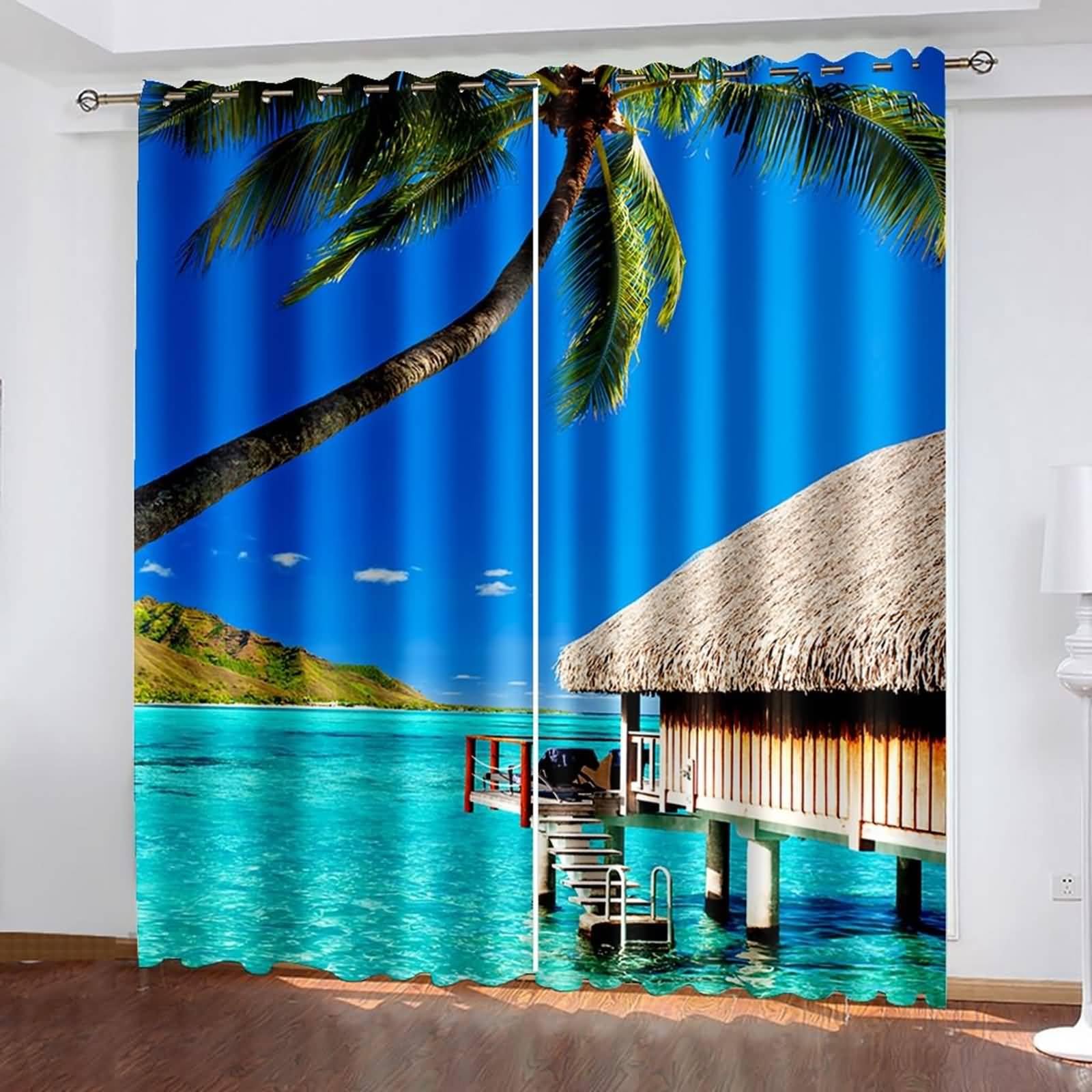 Schlafzimmer Vorhänge mit Schlaufen, 214x214cm Blau Grün Braun Meer und Palmenlandschaft Vorhang für Wohnzimmer