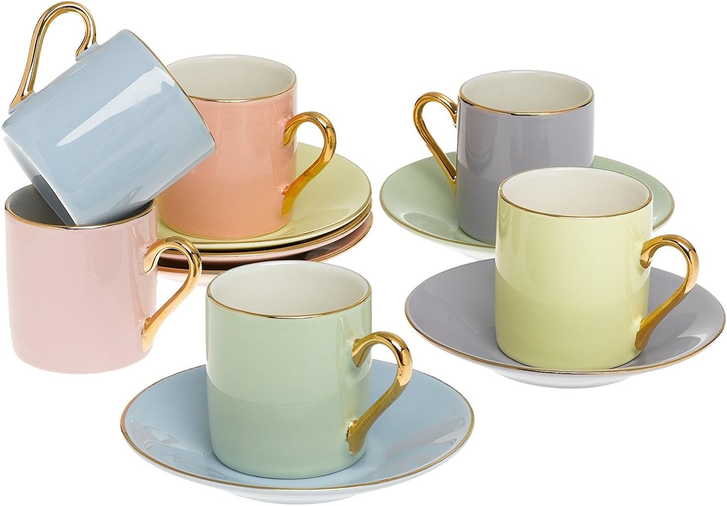 Classic Espresso Coffee Cups & Saucers (Set of 6) by Yedi Houseware|Premium Porcelain In Stylish, Pastel Colors with Gold Plated Rims & Handles for an Authentic, Italian Café Feel|2 ½ oz