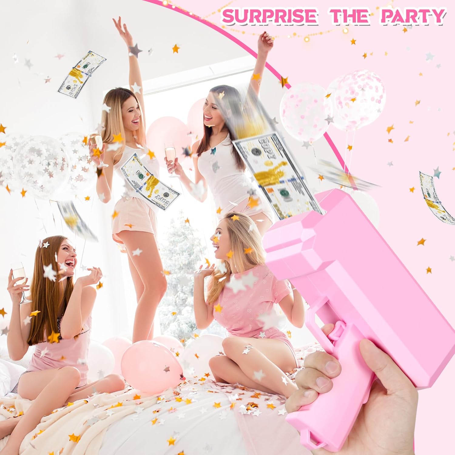 Money Gun Shooter and 201 PCS Props (No Real Function) and 5 Style Stickers and 4 AA Batteries, Money Gun That Shoot Money, Make It Rain Money Thrower Gun Handheld Fake Gun Toy Party Supplies